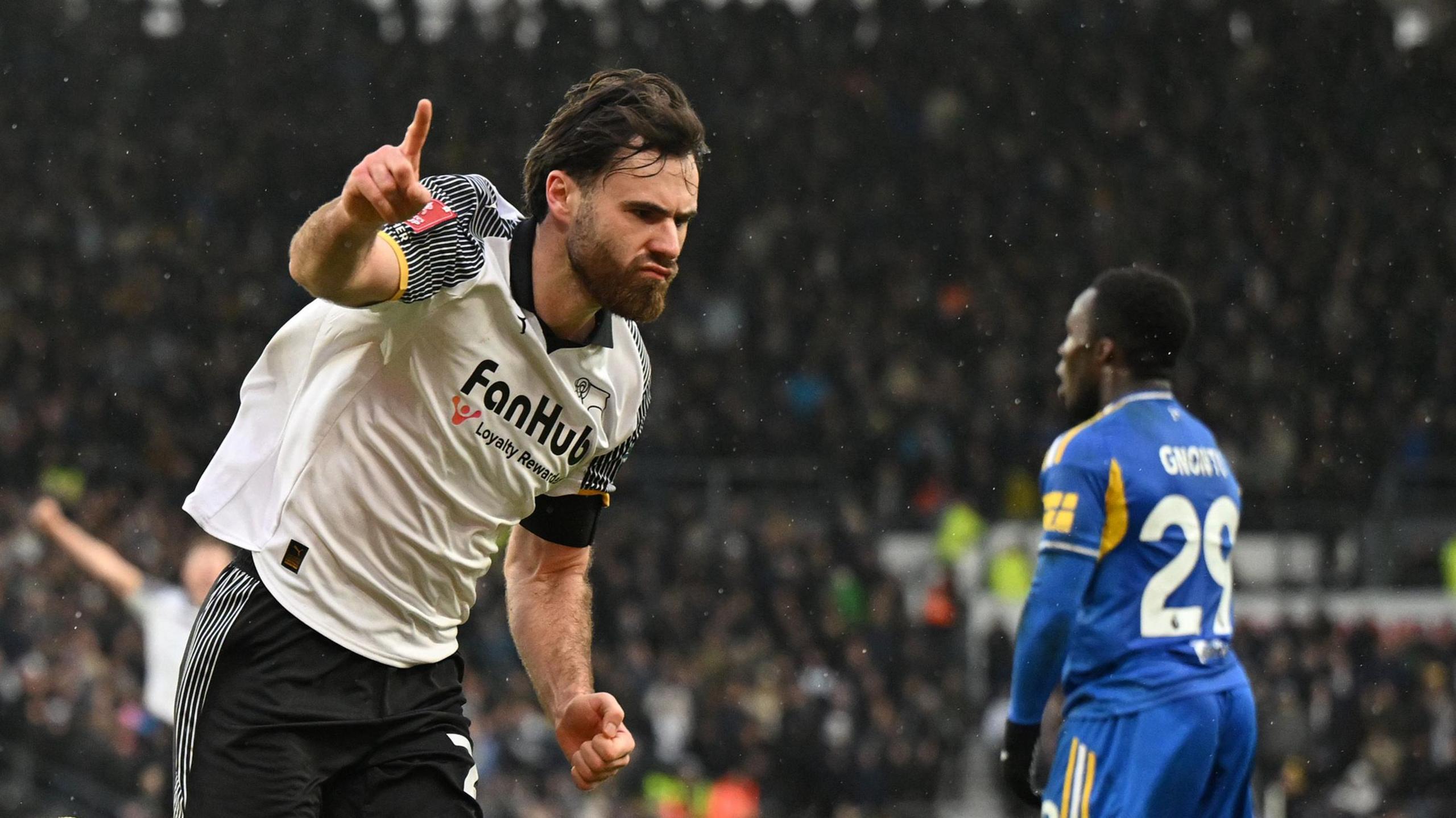 Ben Brereton Diaz waves his finger in the air as he celebrates scoring for Derby County against Leeds in the FA Cup