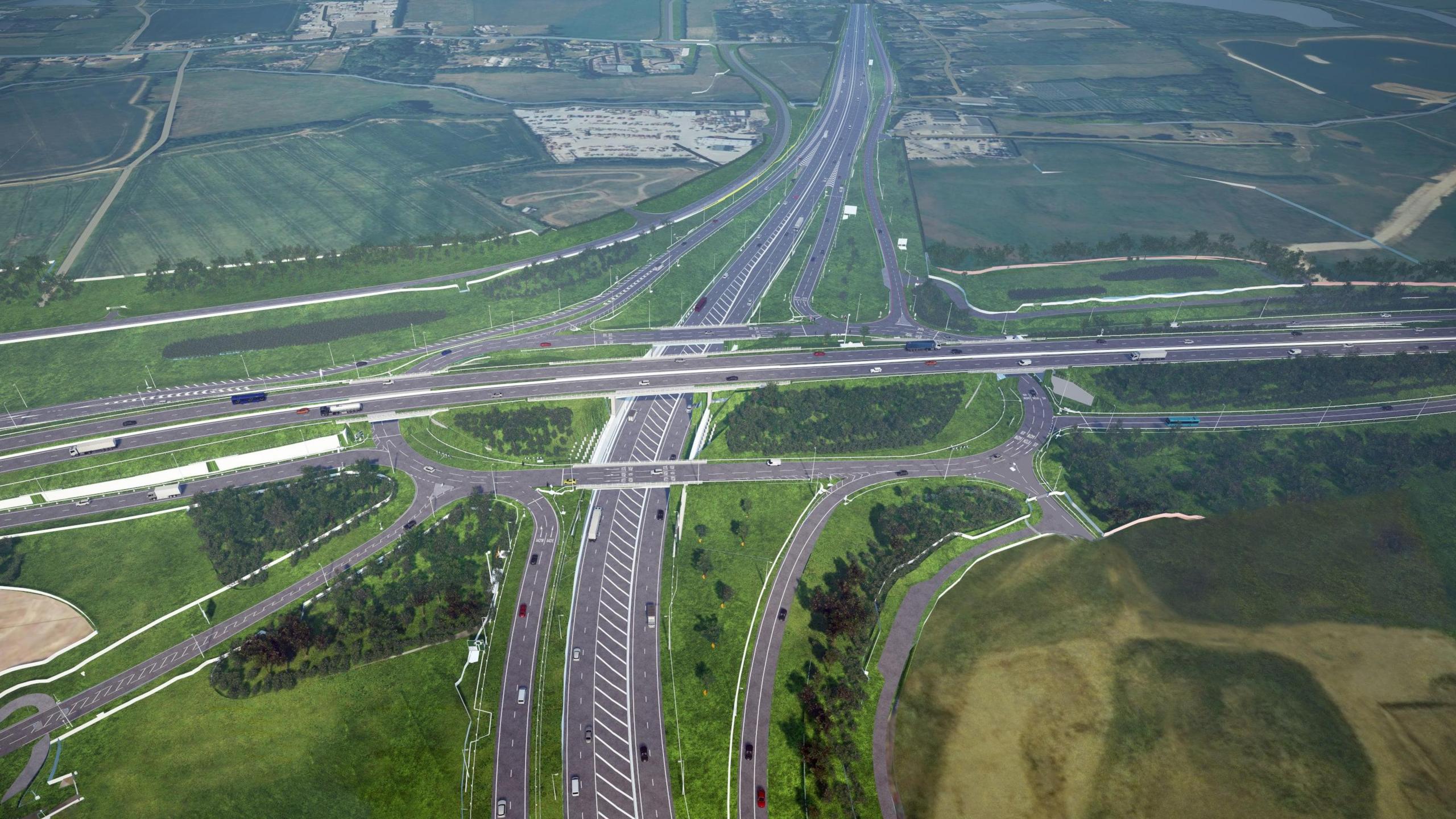 An aerial view of the layout of a new road junction which includes a flyover and an underpass.