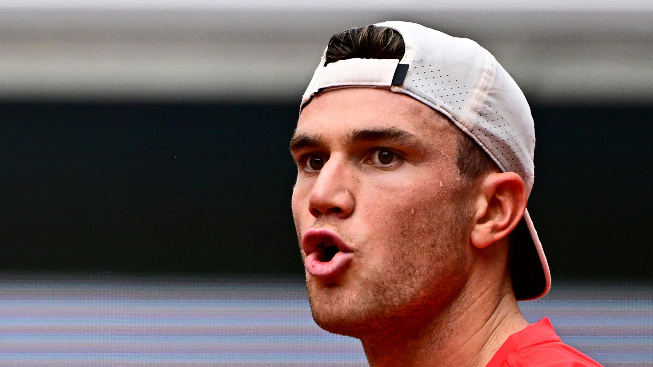 Jack Draper reacts to a shot during his French Open third round against Joao Fonseca