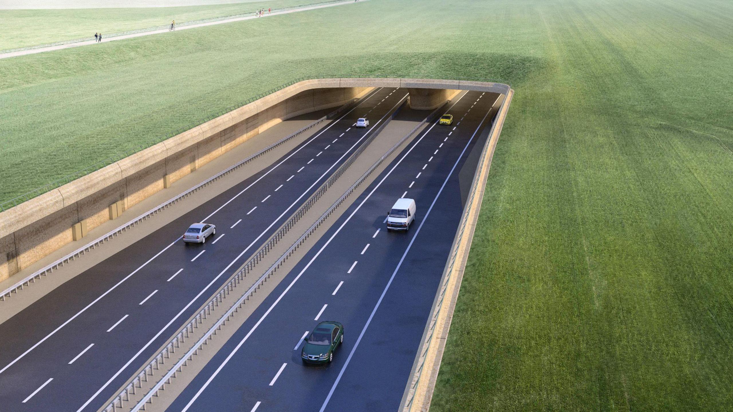 Visualisation of the rejected A303 Tunnel West portal approach, released as part of the A303 Stonehenge (Amesbury to Berwick Down) project. It shows four lanes of traffic, two on either side of the road, at the entrance to a tunnel.