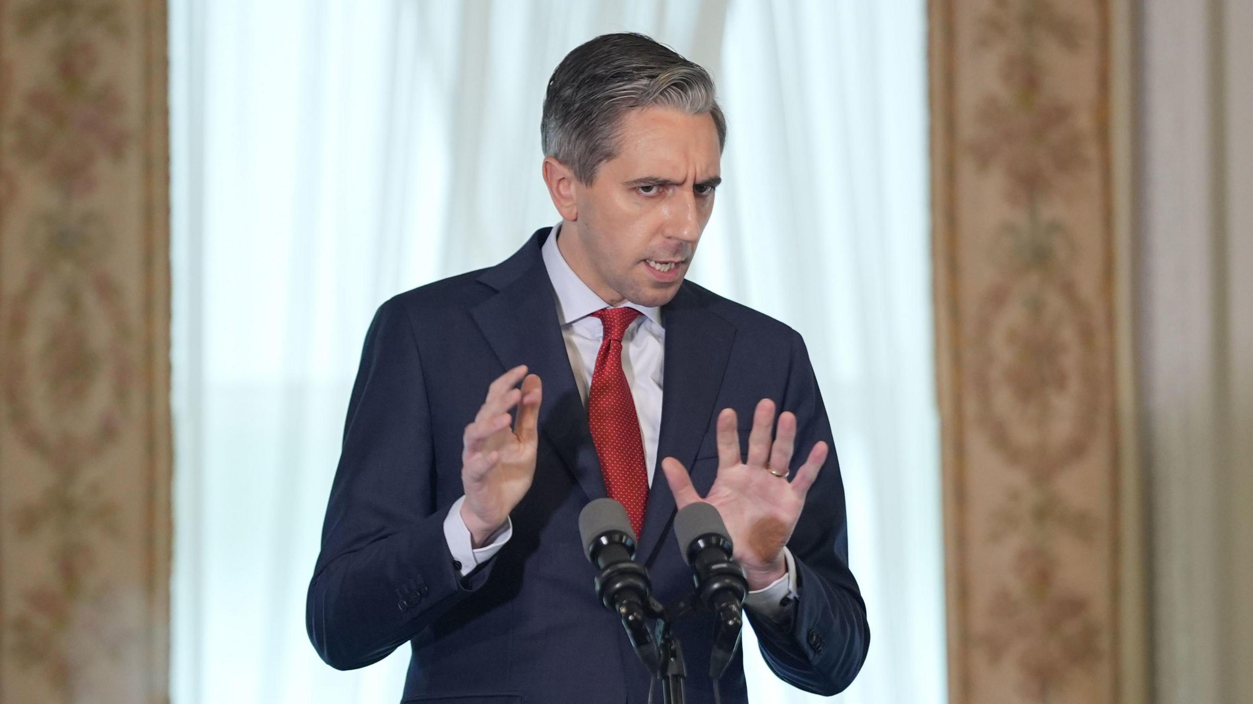 Simon Harris speaking at microphones, articulating with his hands. He is wearing a suit and tie. Behind him a window with some curtains