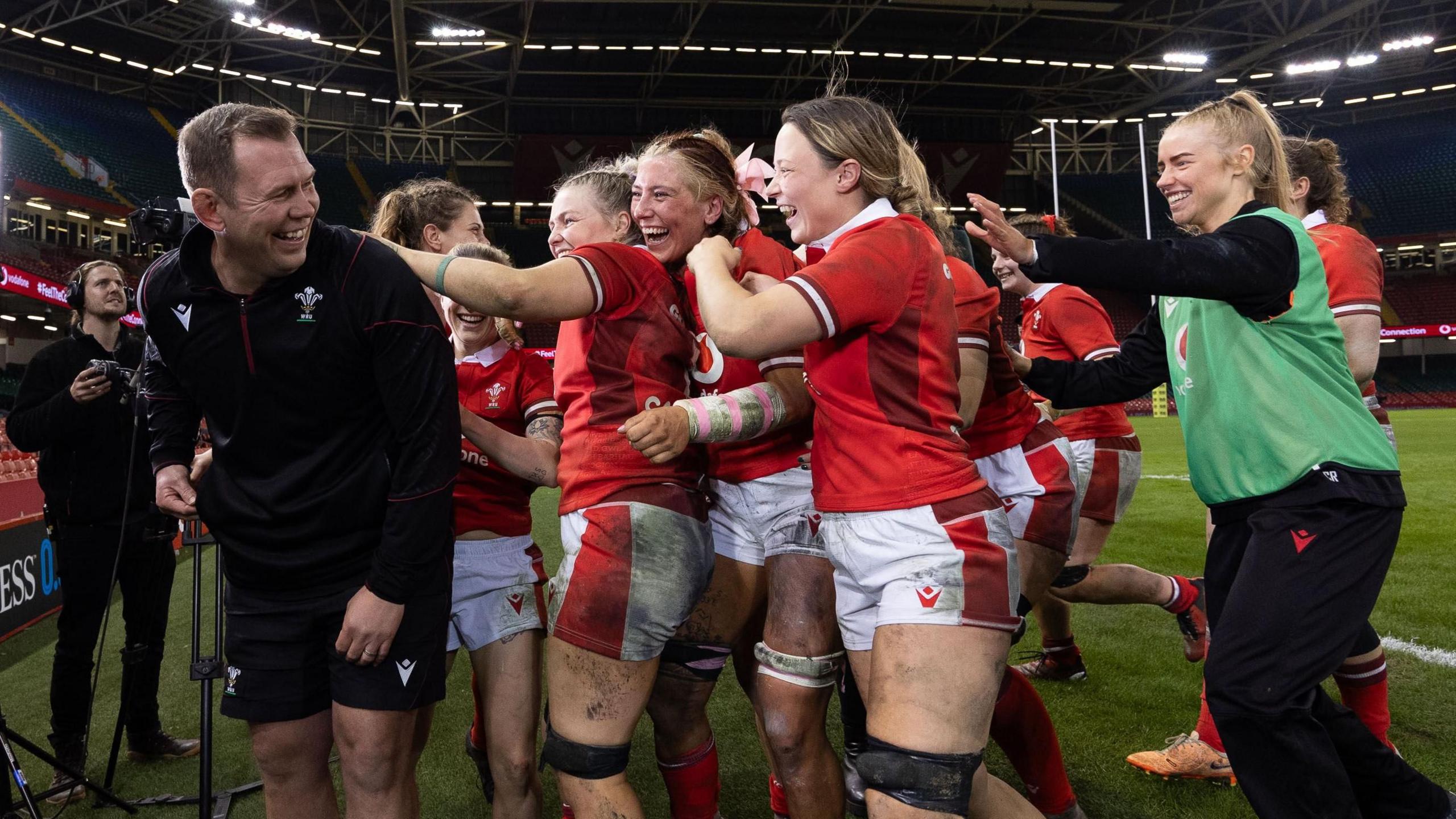 Wales players invade Ioan Cunningham's post-match interview