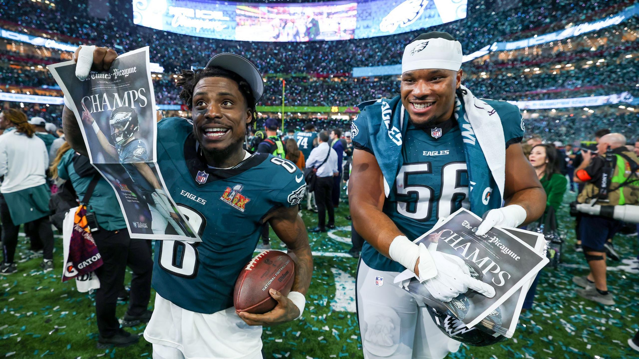 CJ Gardner-Johnson and Tyler Steen celebrate the Eagles' Super Bowl win