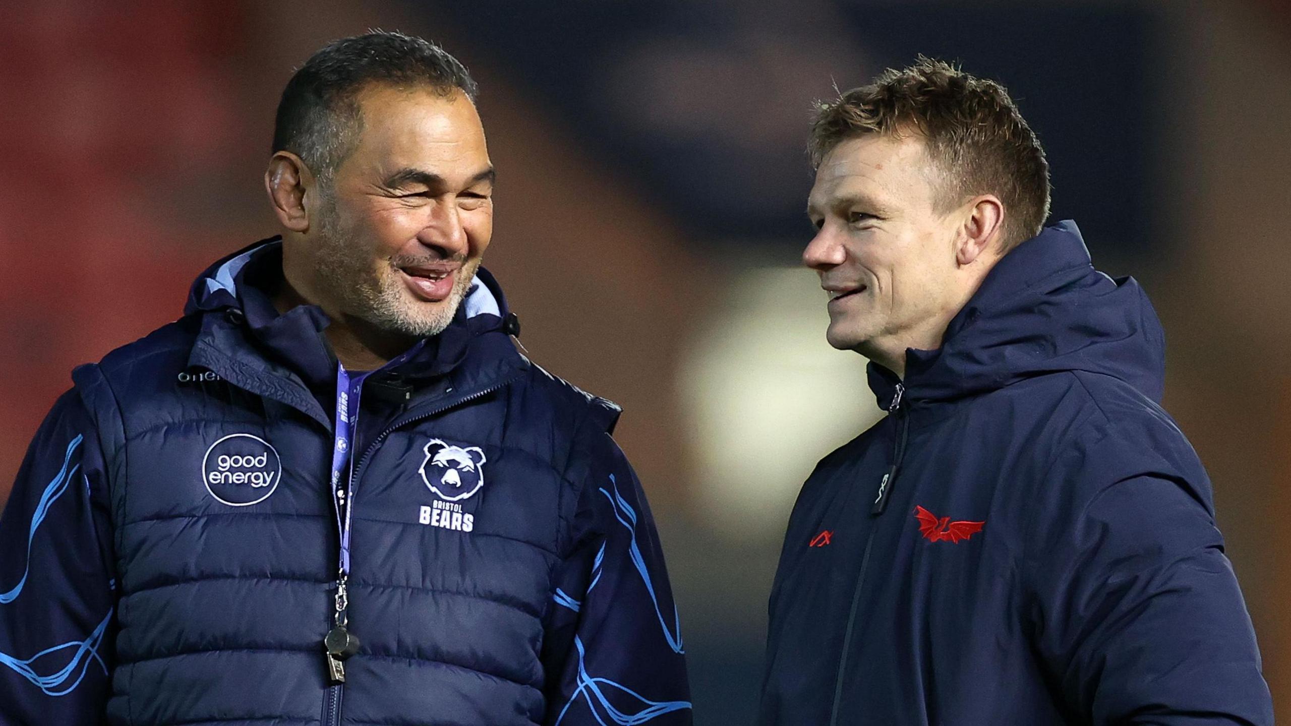 Pat Lam and Dwayne Peel in conversation before kick-off