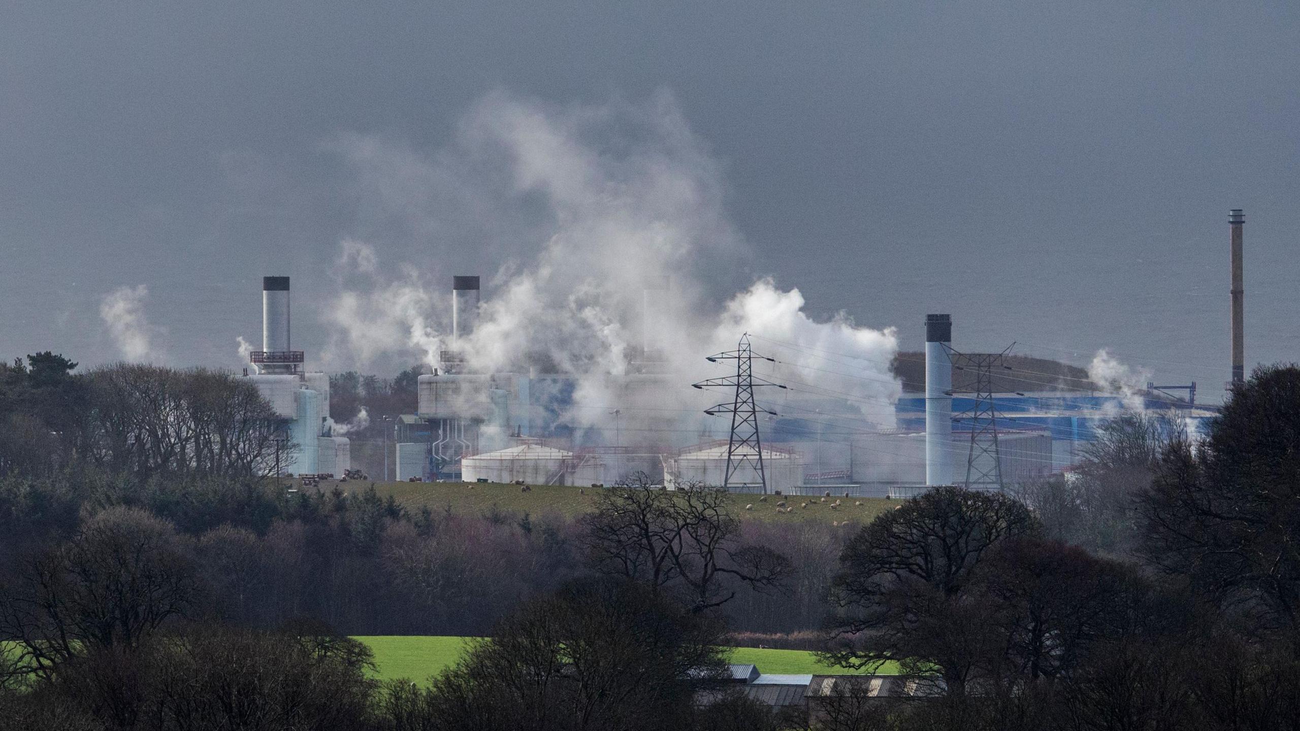 Nuclear power plant with plumes in the air