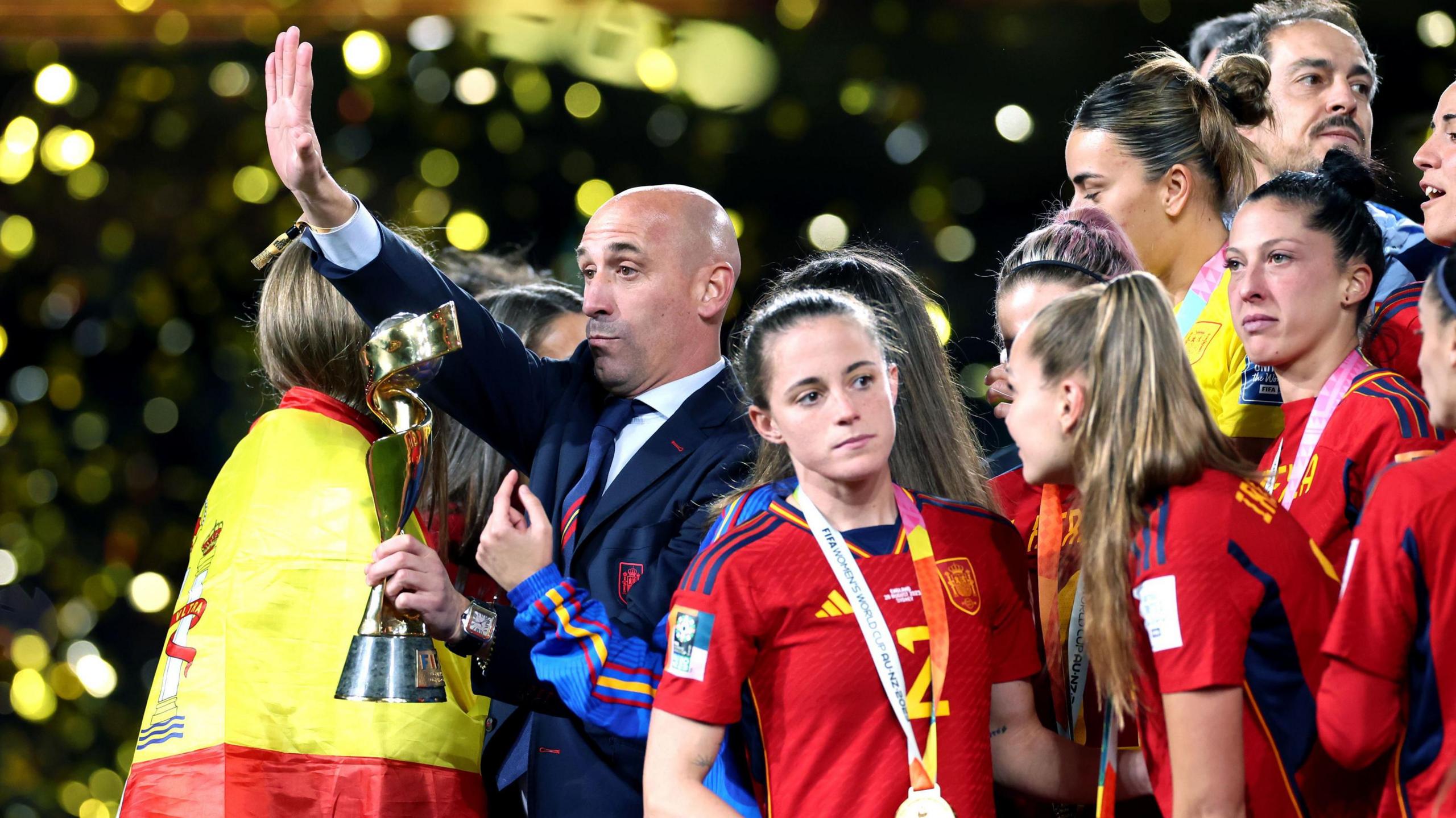 Luis Rubiales holds the World Cup trophy