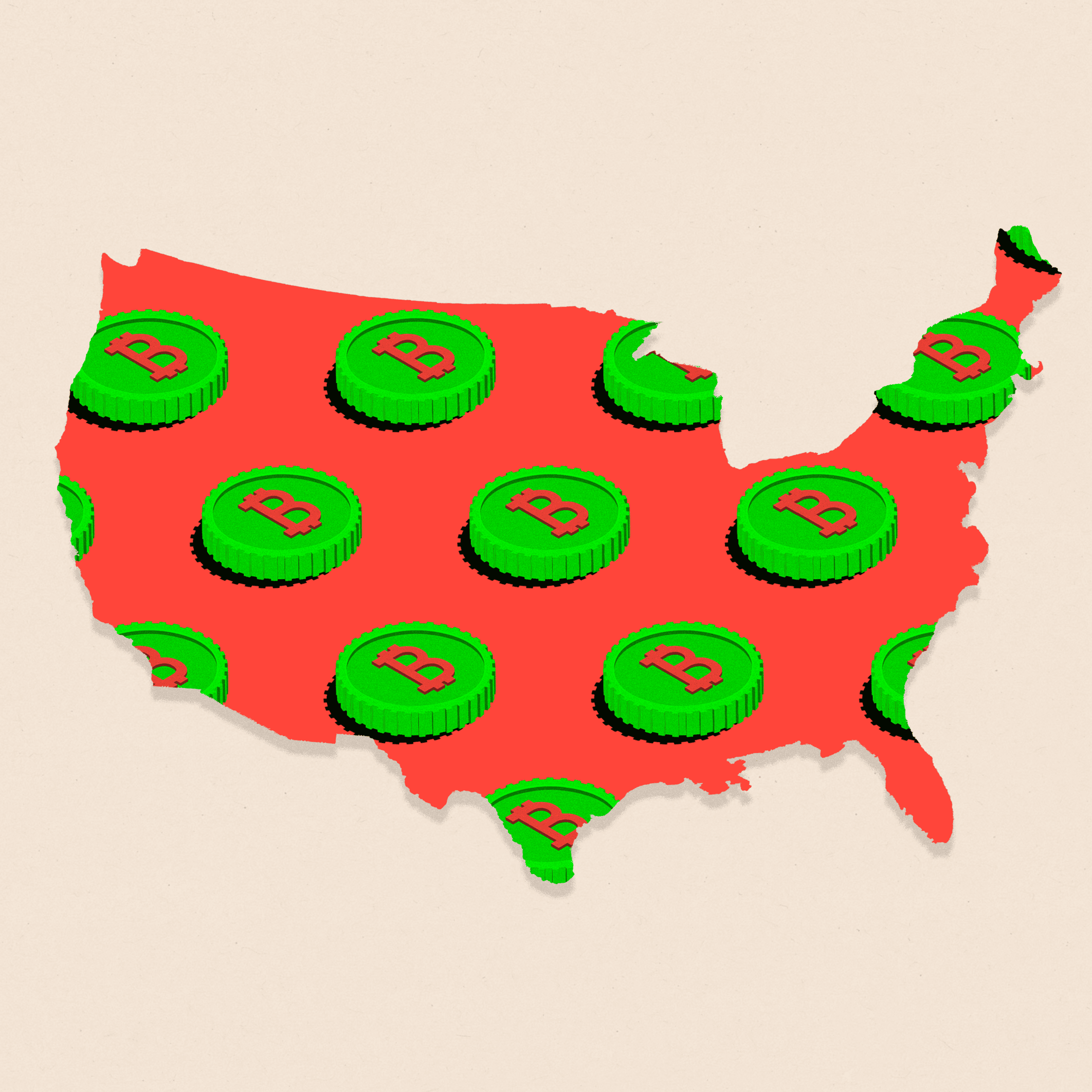 A map of the US overlaid with Bitcoin logos