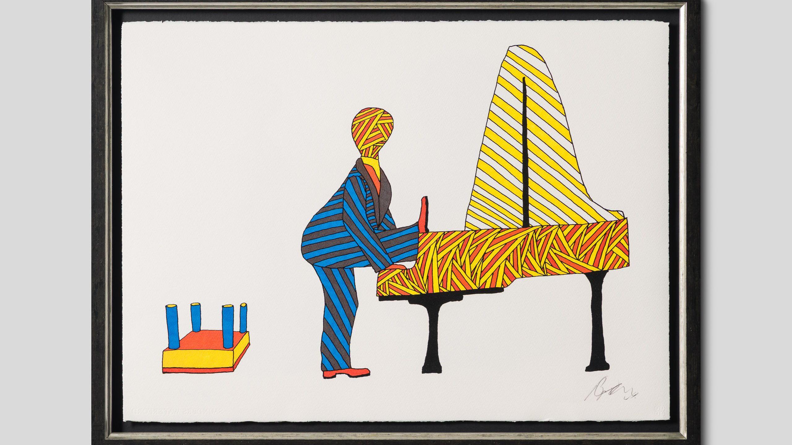 The picture shows a stylised piano with loads of striped lines in orange and yellow. A stylised performer in a stripy blue suit has one leg on the keyboard. Behind him sits an upturned stool.