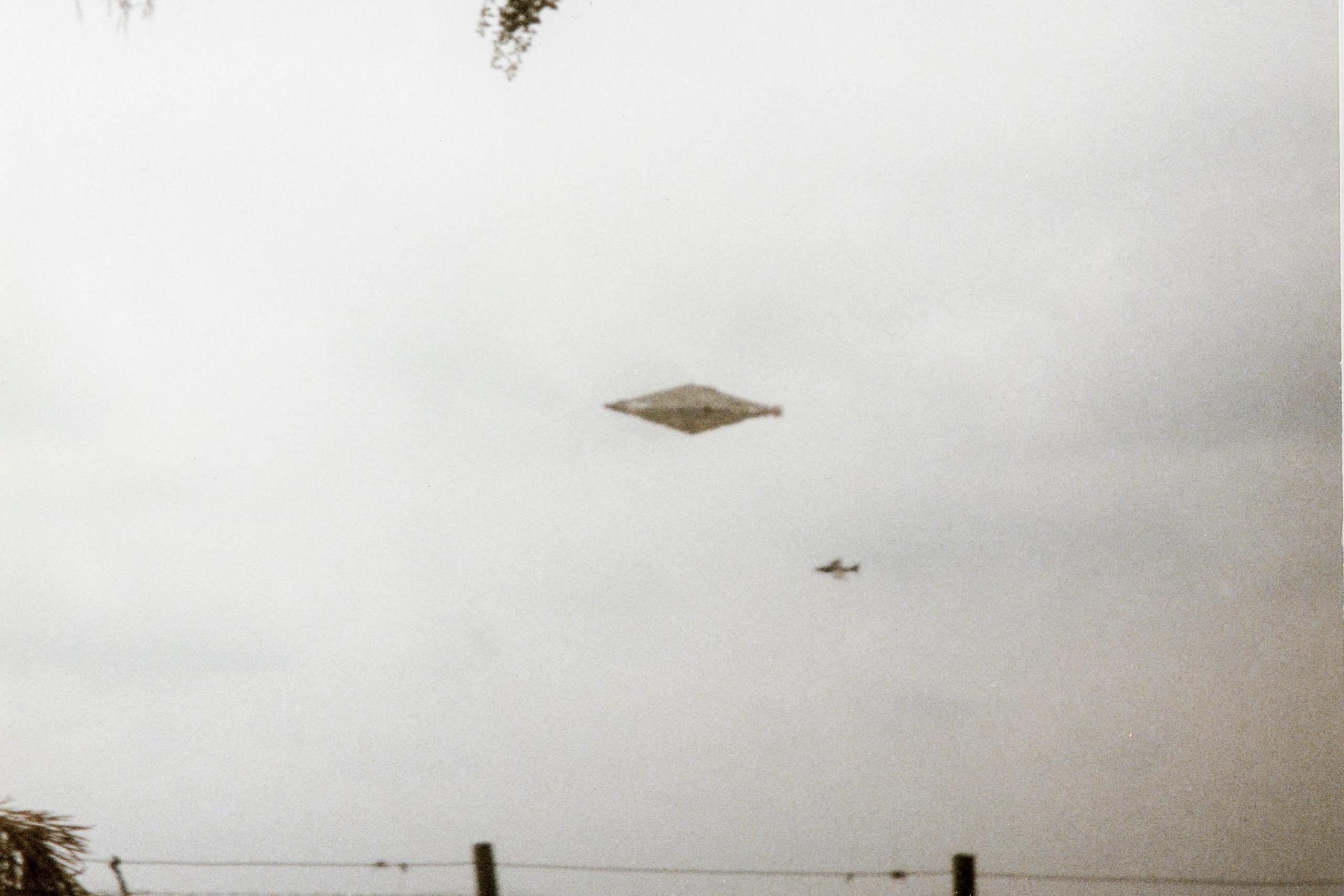 A grainy, black and white image of a diamond-shaped object with a ridged seam around its middle apparently flying in the air. To the right and just below is a swept-wing military-style jet. It is about a a fifth of the size of the larger craft.
Some branches can be seen at the top of frame and a wooden and wire fence runs along the bottom.