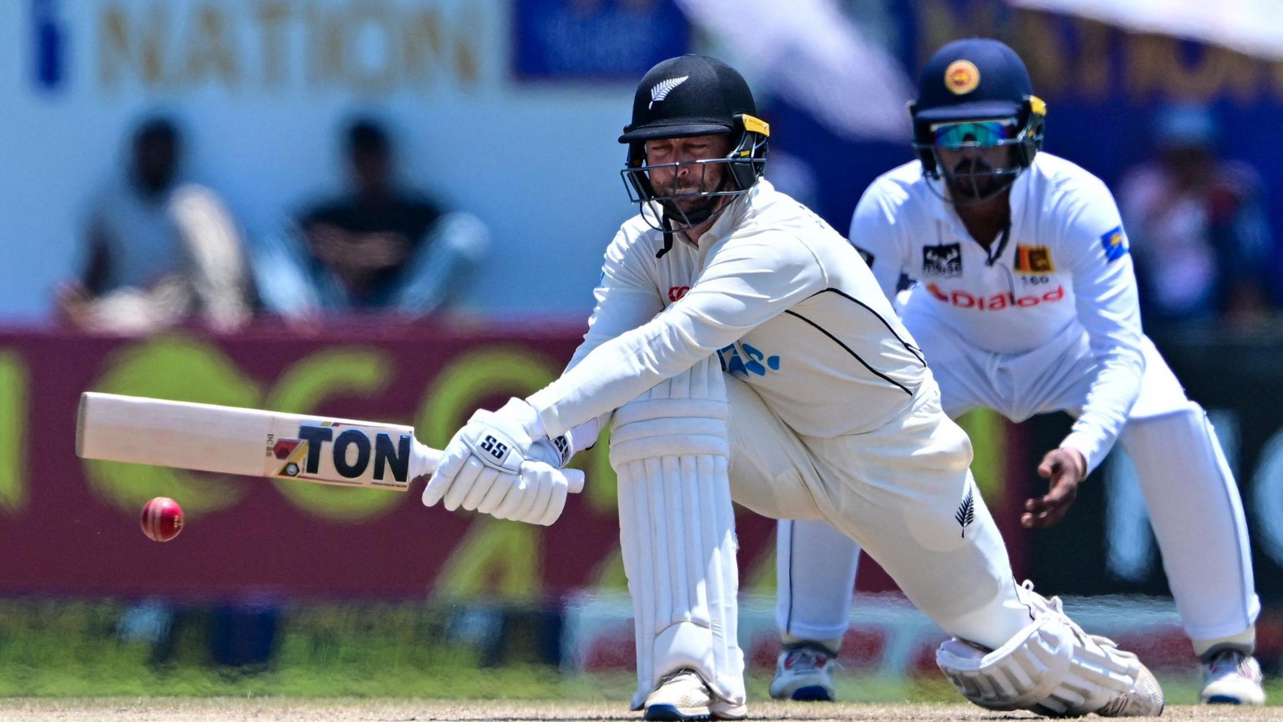 New Zealand's Devon Conway hits out against Sri Lanka in a Test in 2024
