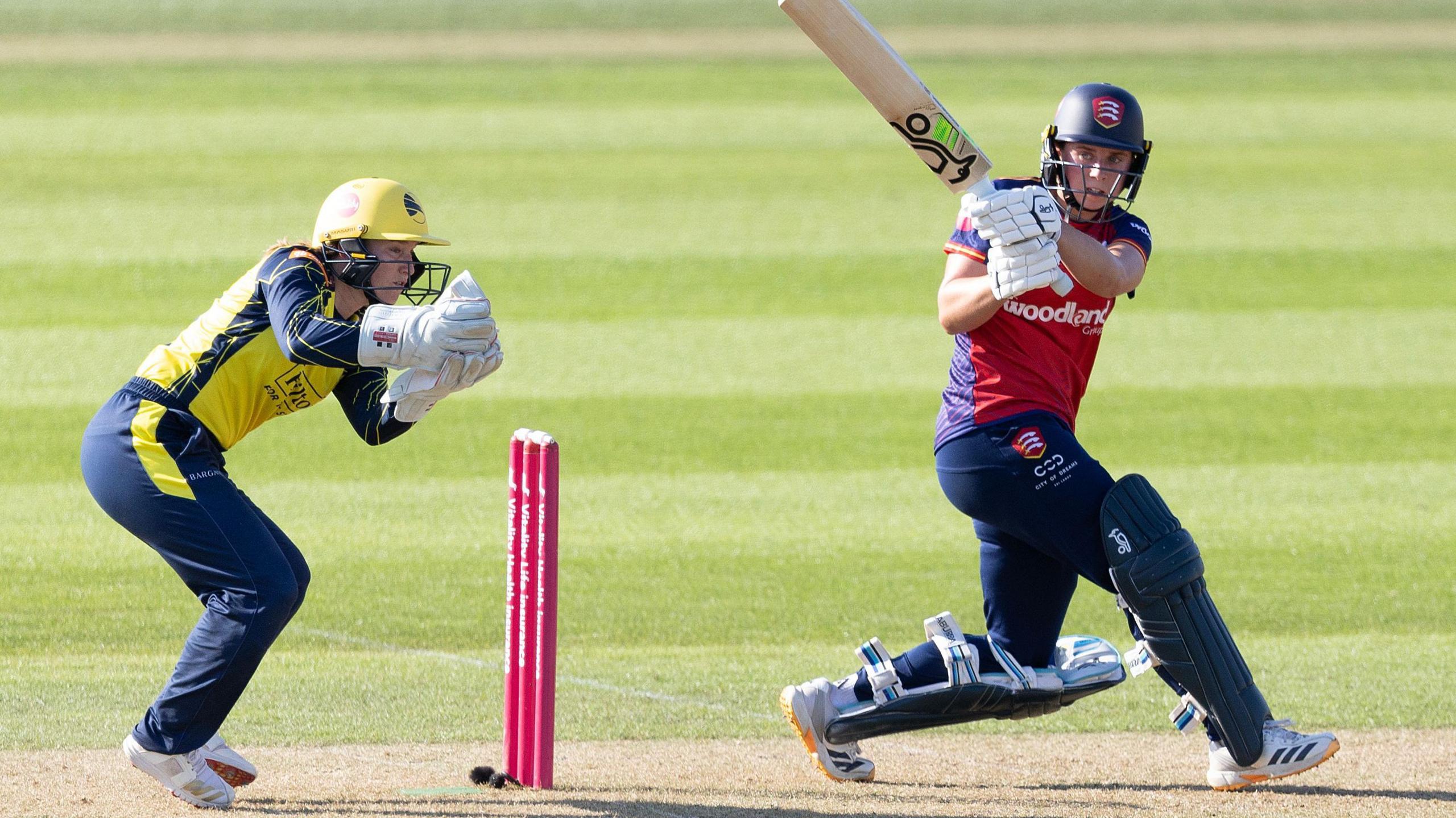 Jodi Grewcock swings a ball to leg for Essex against Hampshire
