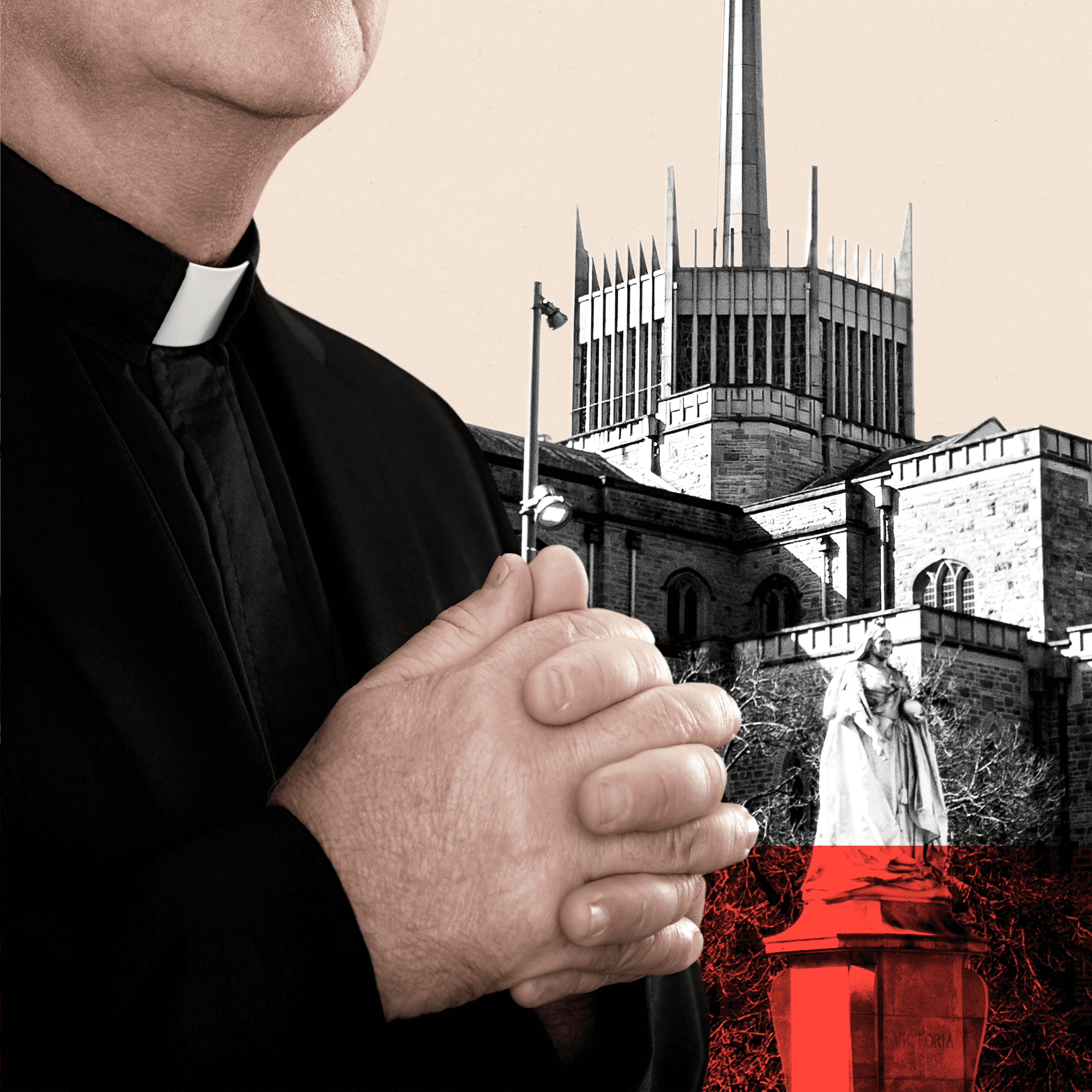 A priest holds hands in prayer in front of Blackburn Catherdral