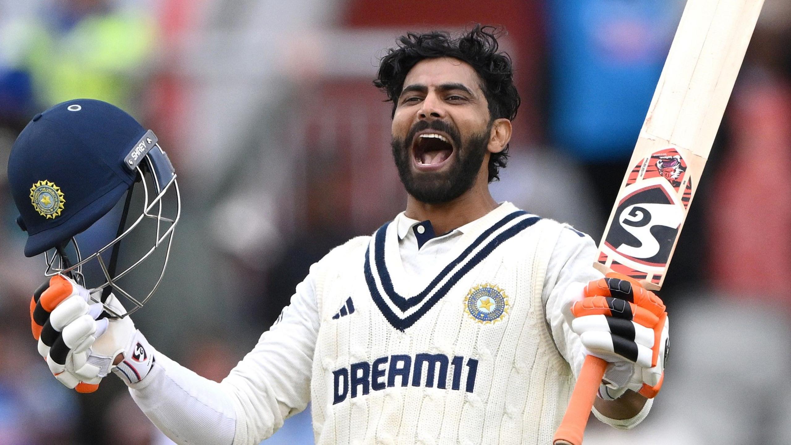 Ravindra Jadeja roars after completing his century