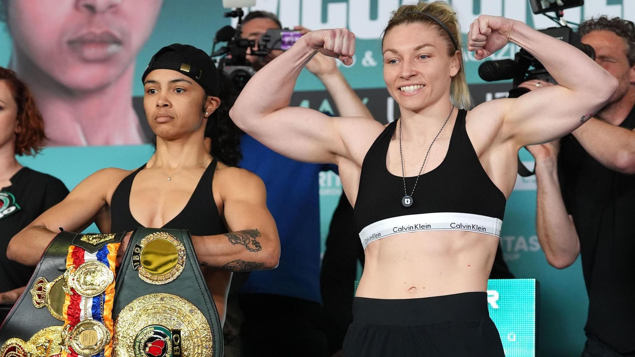 Jessica McCaskill and Lauren Price pose at press conference