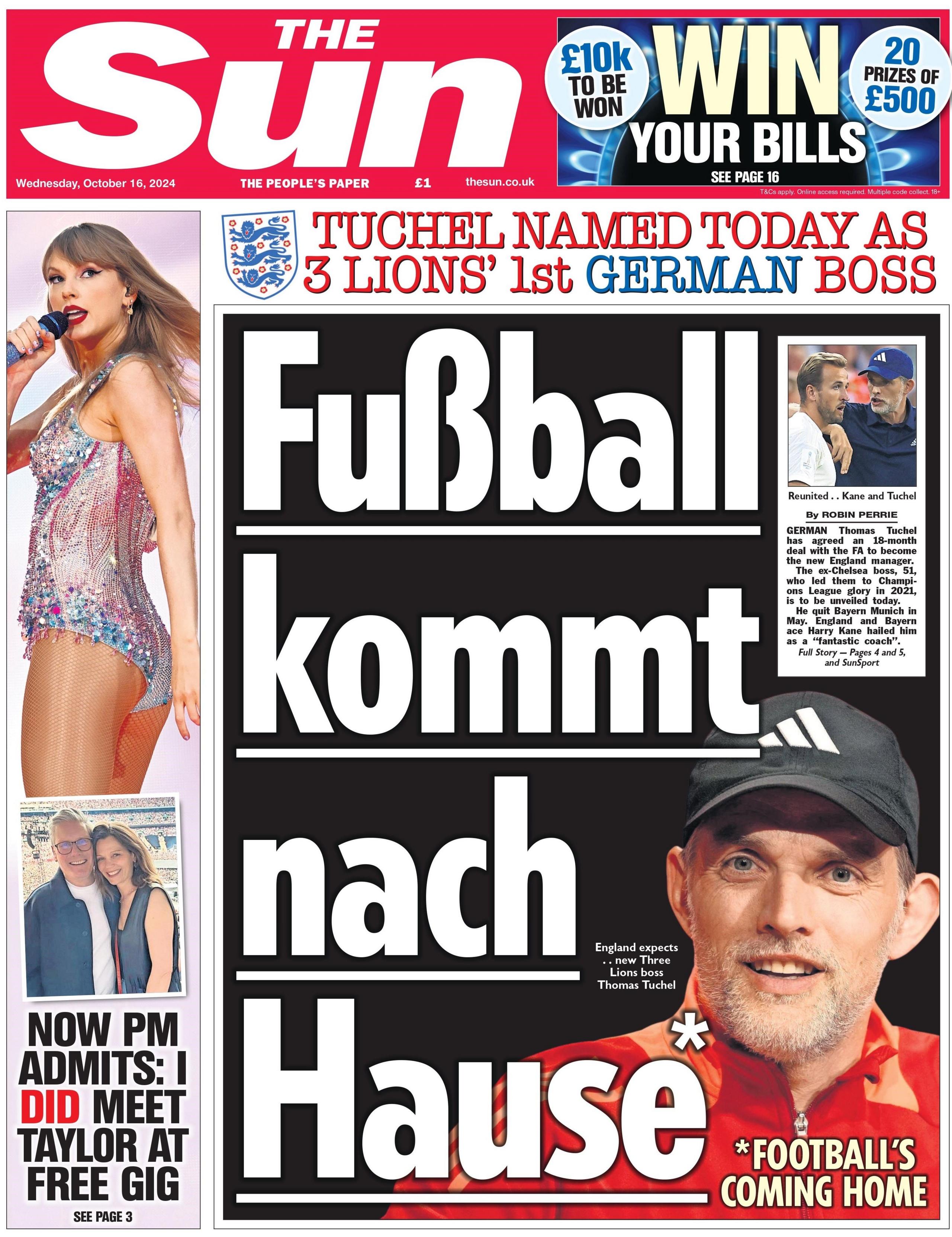 The Sun features a the headline "football's coming home" in German, alongside a picture of Thomas Tuchel