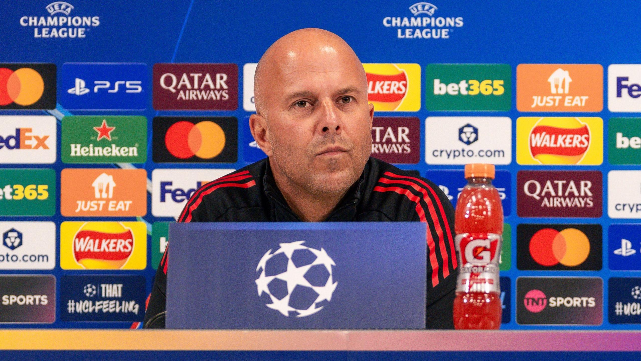 Liverpool head Arne Slot addresses nan media astatine a news convention earlier their Champions League fixture pinch Atletico Madrid.