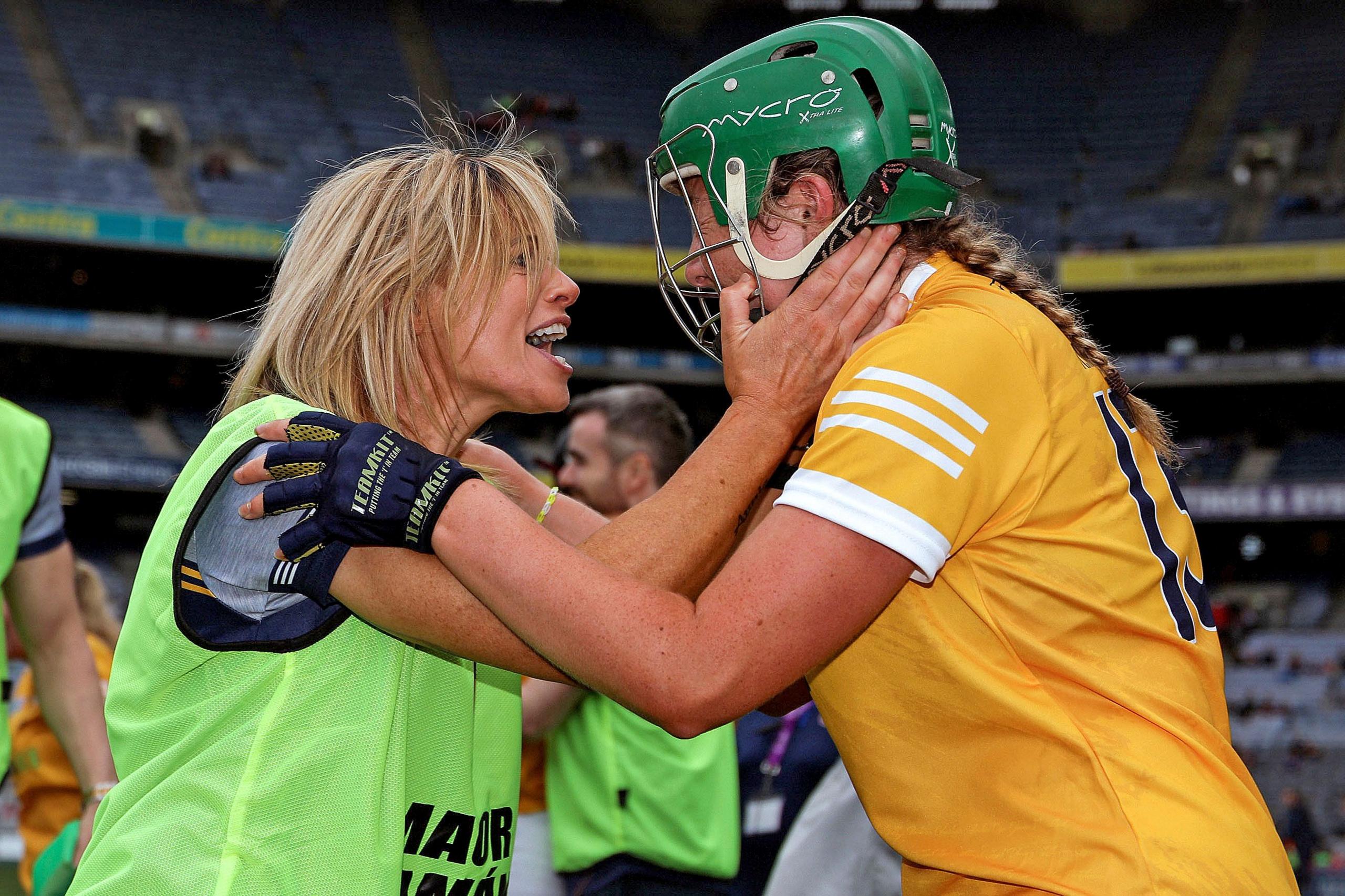 Elaine Dowds celebrates with Roisin McCormick after helping lead Antrim to the 2021 All-Ireland Intermediate title