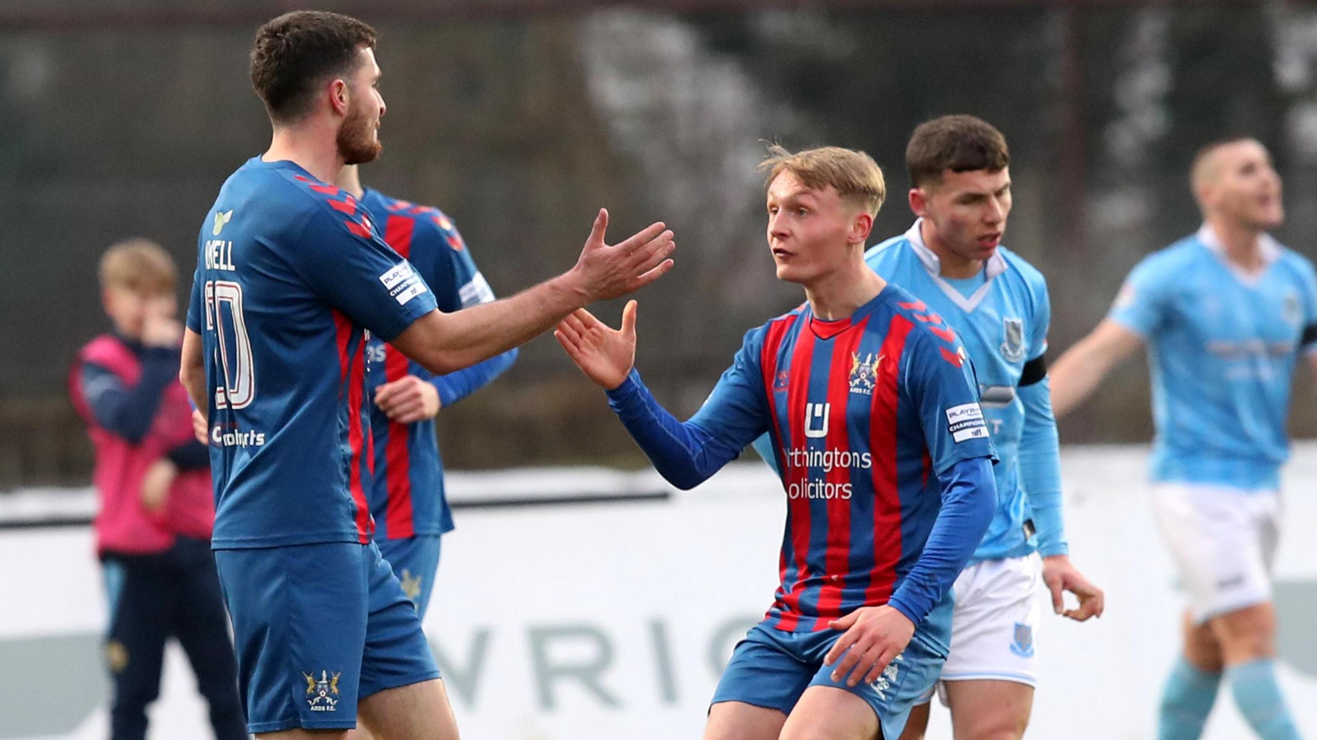 Lee Newell is congratulated after scoring a goal for Ards