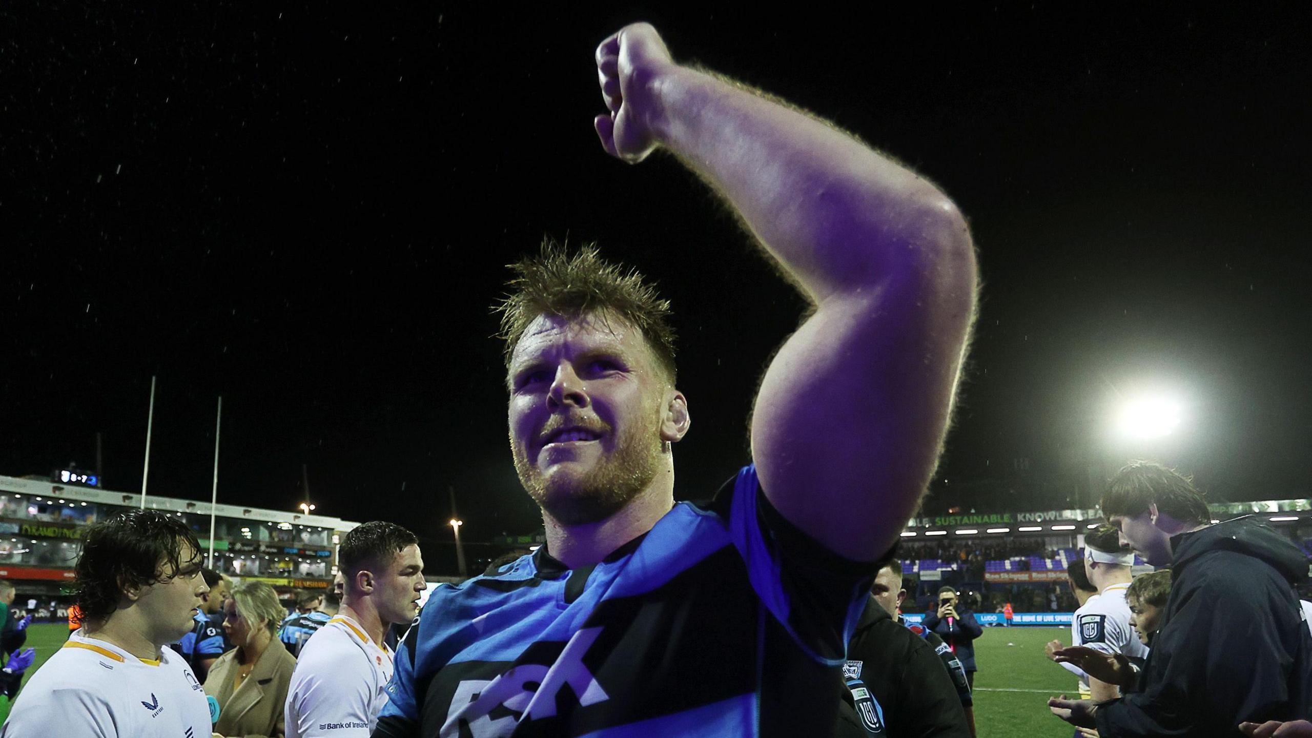 Josh McNally salutes the crowd after Cardiff's win against Leinster