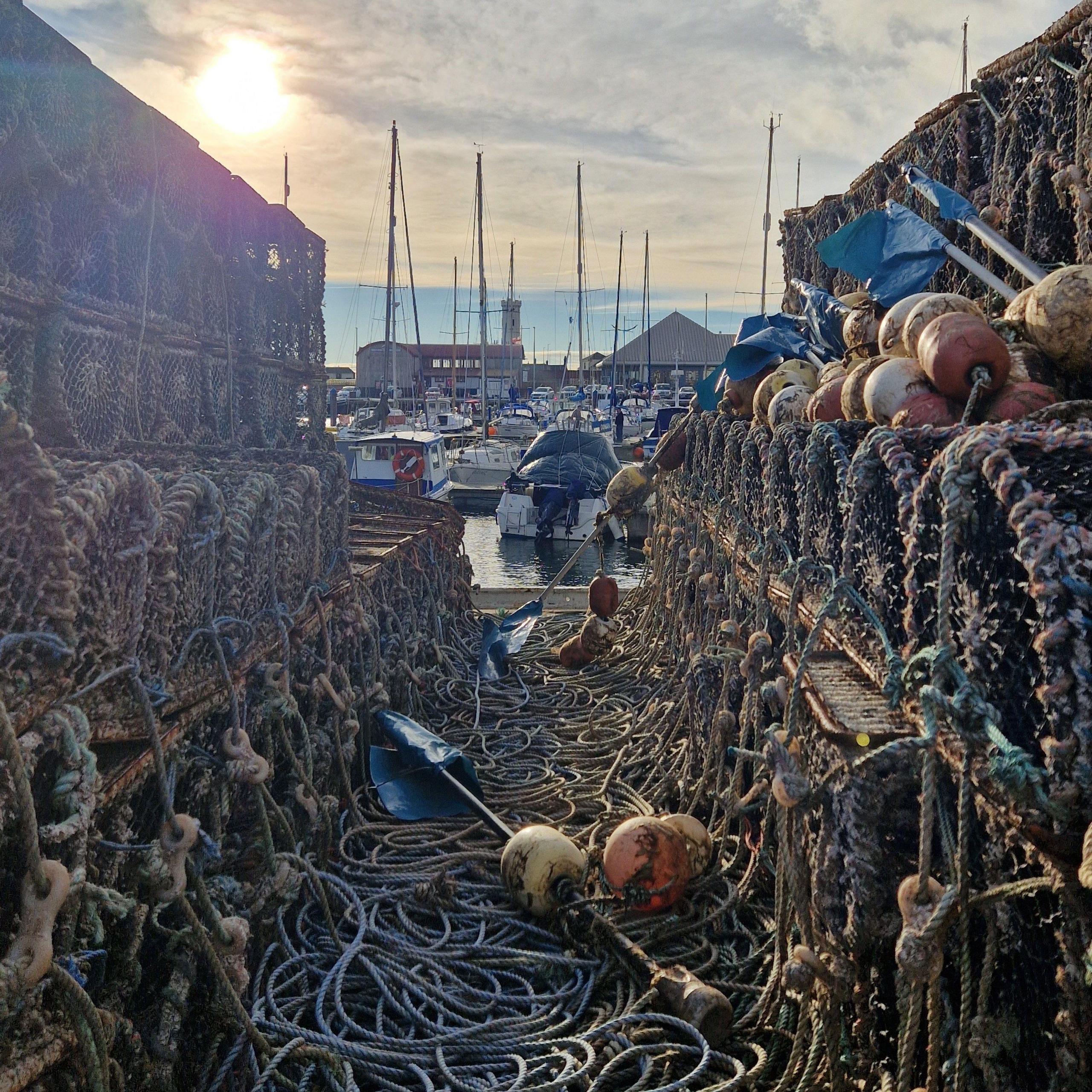 Stacks of fishing creels are on either side of the picture. In the middle, a spade and two fishing buoys, one yellow and one bright orange, are on a bed of blue and light-coloured ropes. In the background, boats can be seen floating on the water at Arbroath Harbour. Their masts reach up towards a bright but cloudy sky, while the sun is bright and just breaking through the clouds in the top left corner of the image.