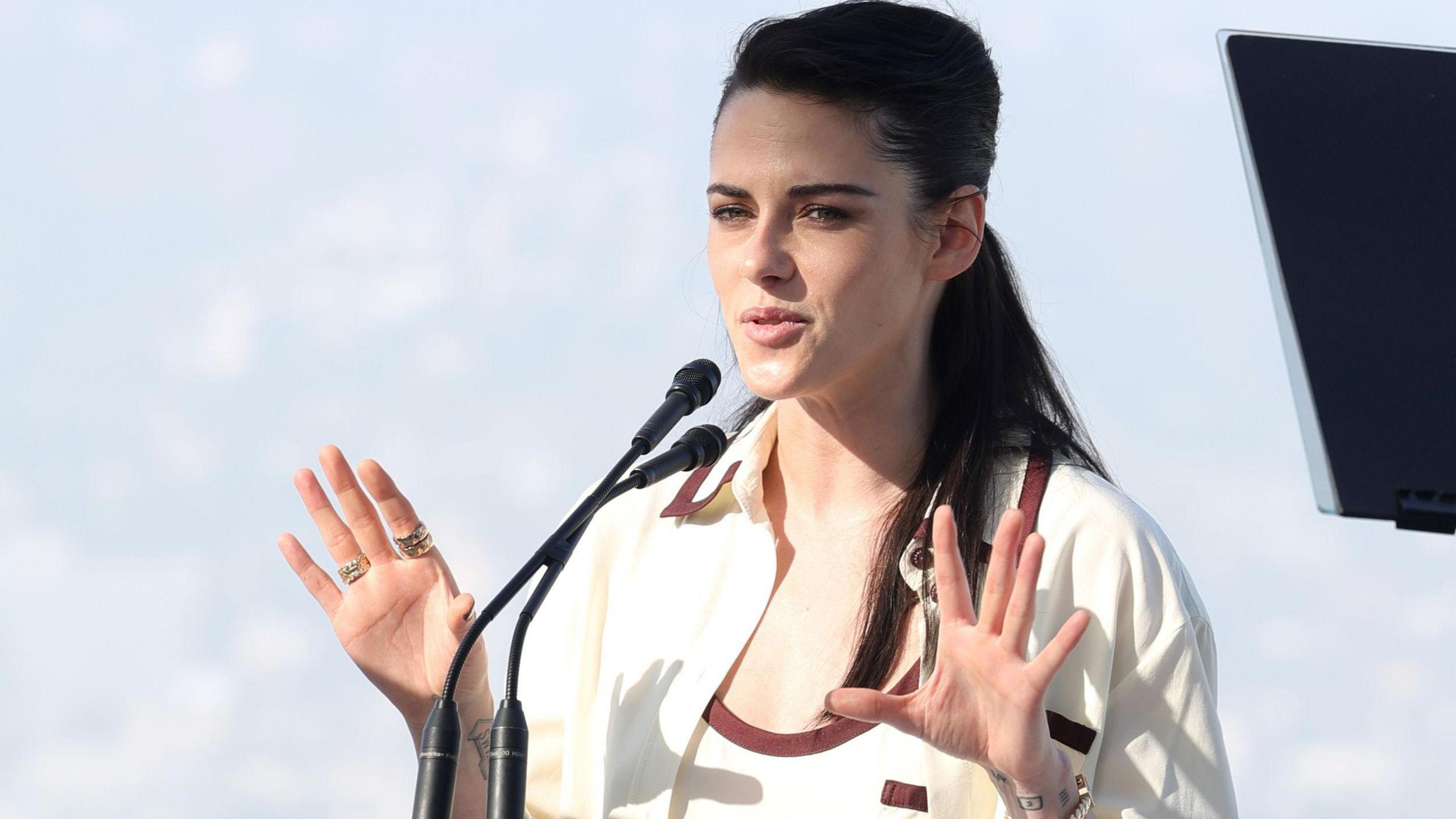 Kristen Stewart, wearing CHANEL, speaks onstage during the Academy Women's Luncheon Presented by CHANEL at The Academy Museum Of Motion Pictures on November 04, 2025 in Los Angeles, California