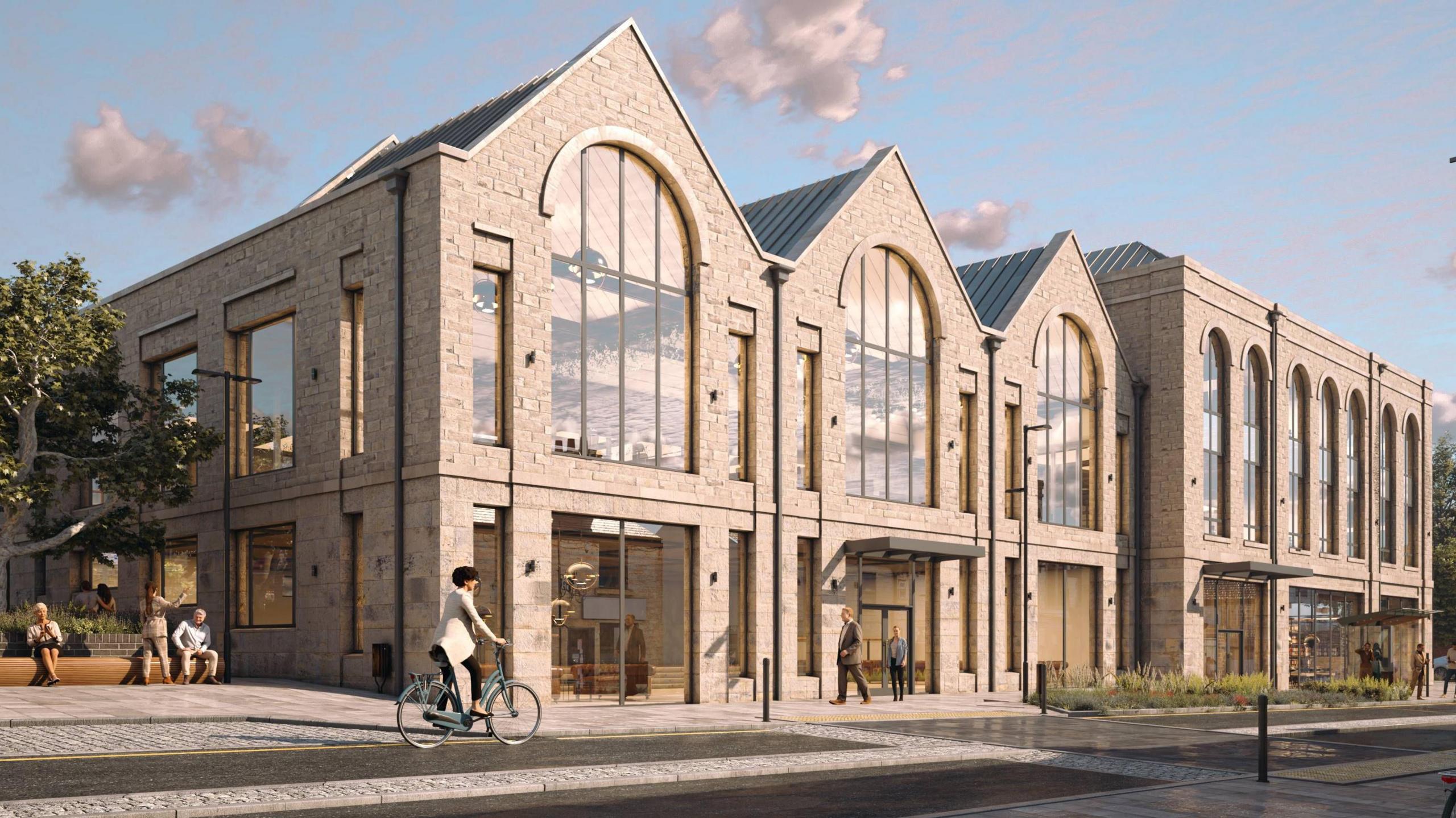 An artist's impression shows a drawing of a new building with three pitched roofs. It is pale brickwork and has three large arch windows on the upstairs and square windows on the ground floor.