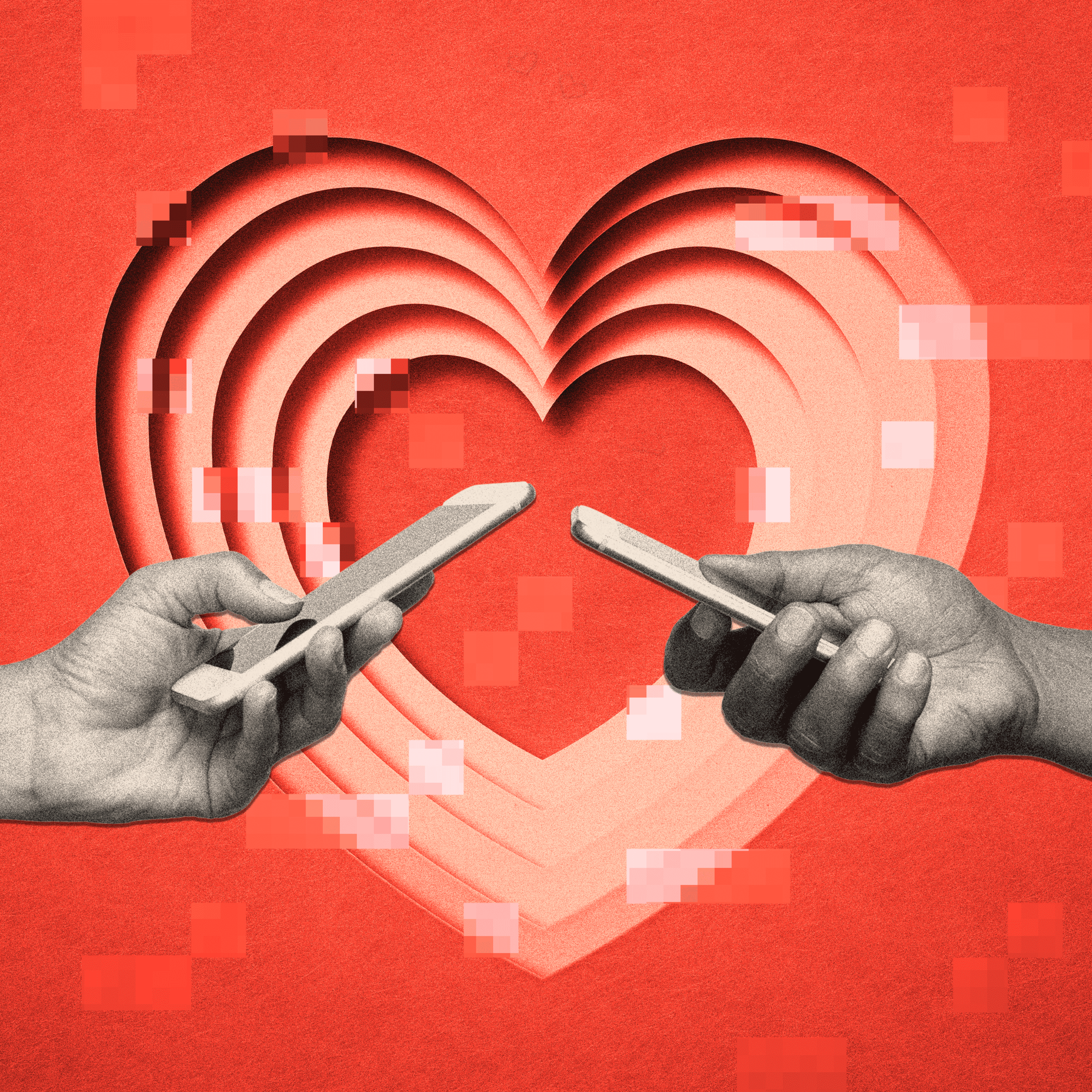 A treated image of two hands holding phones in front of a slightly pixilated love heart