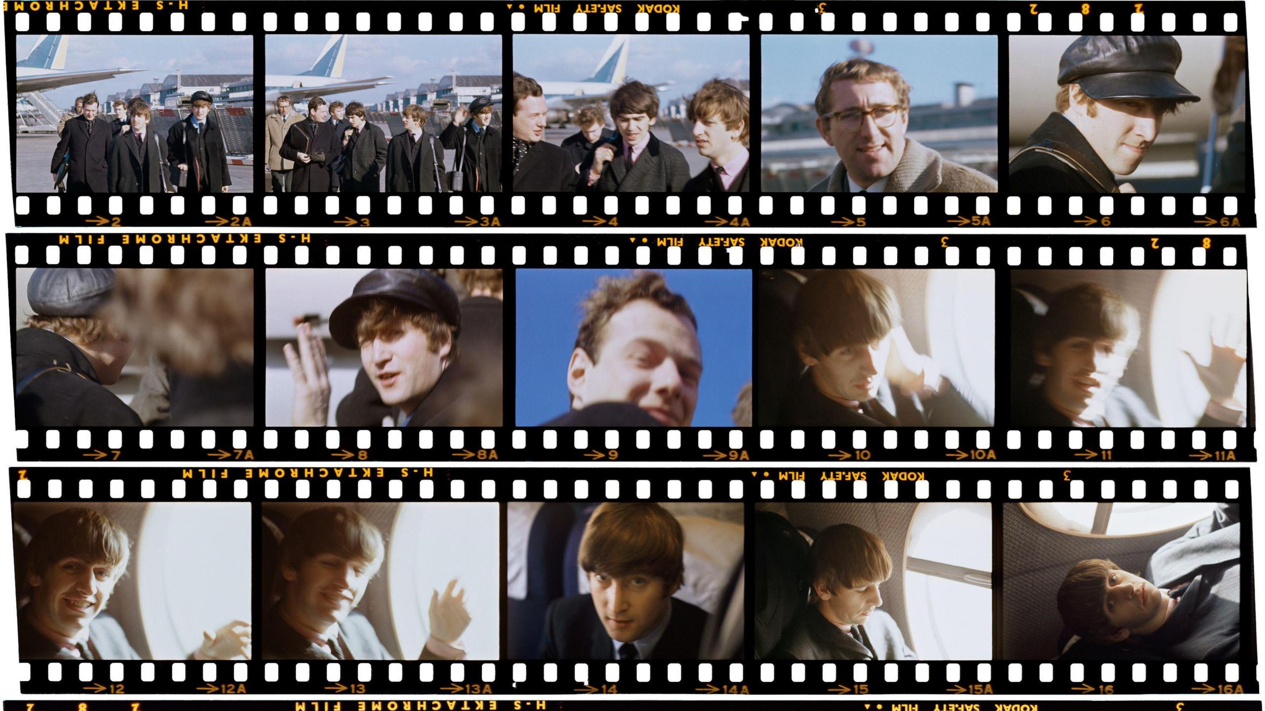 Titled: At London Airport (with Brian Epstein, Mal Evans, and Neil Aspinall) for Pan Am flight 101 to New York City, 7 February 1964. Three rows of five images in colour show snapshot moments boarding the flight.