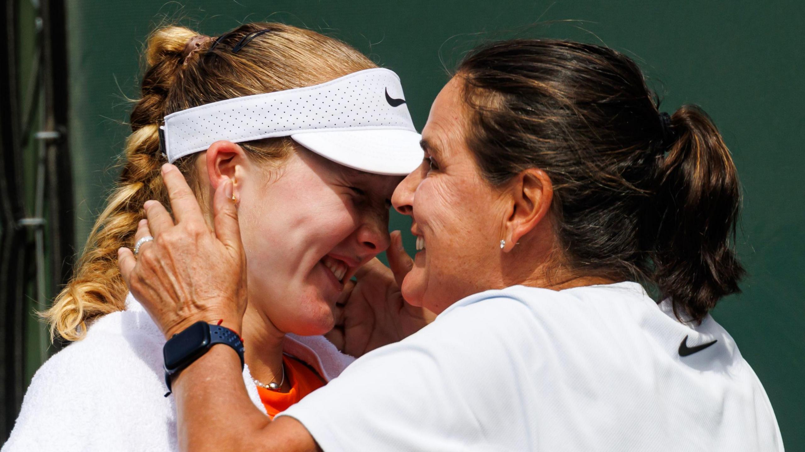 Mirra Andreeva hugs Conchita Martinez after winning the Indian Wells title earlier this year