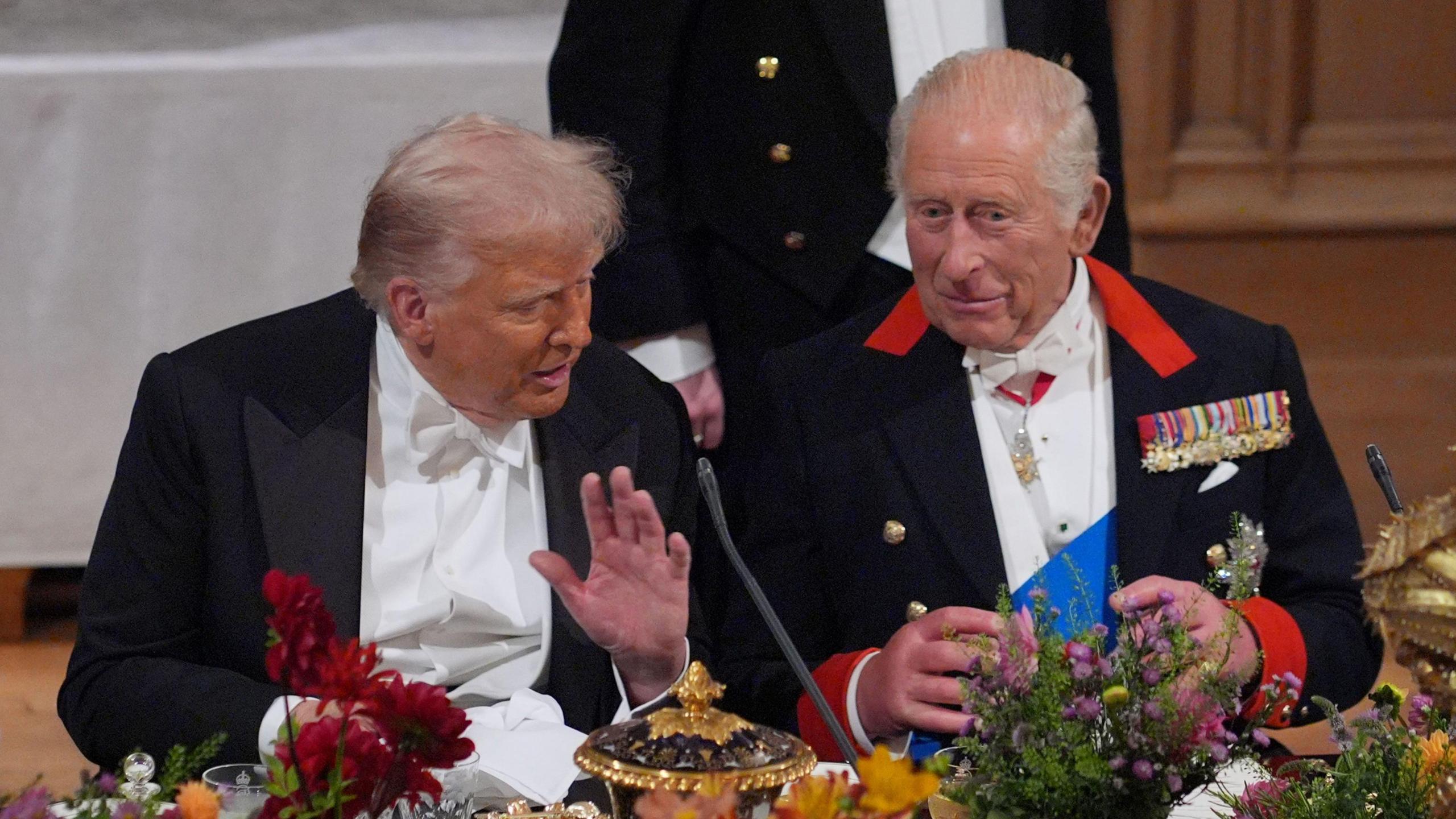 US President Donald Trump and King Charles III sat talking at the state banquet for the US President 