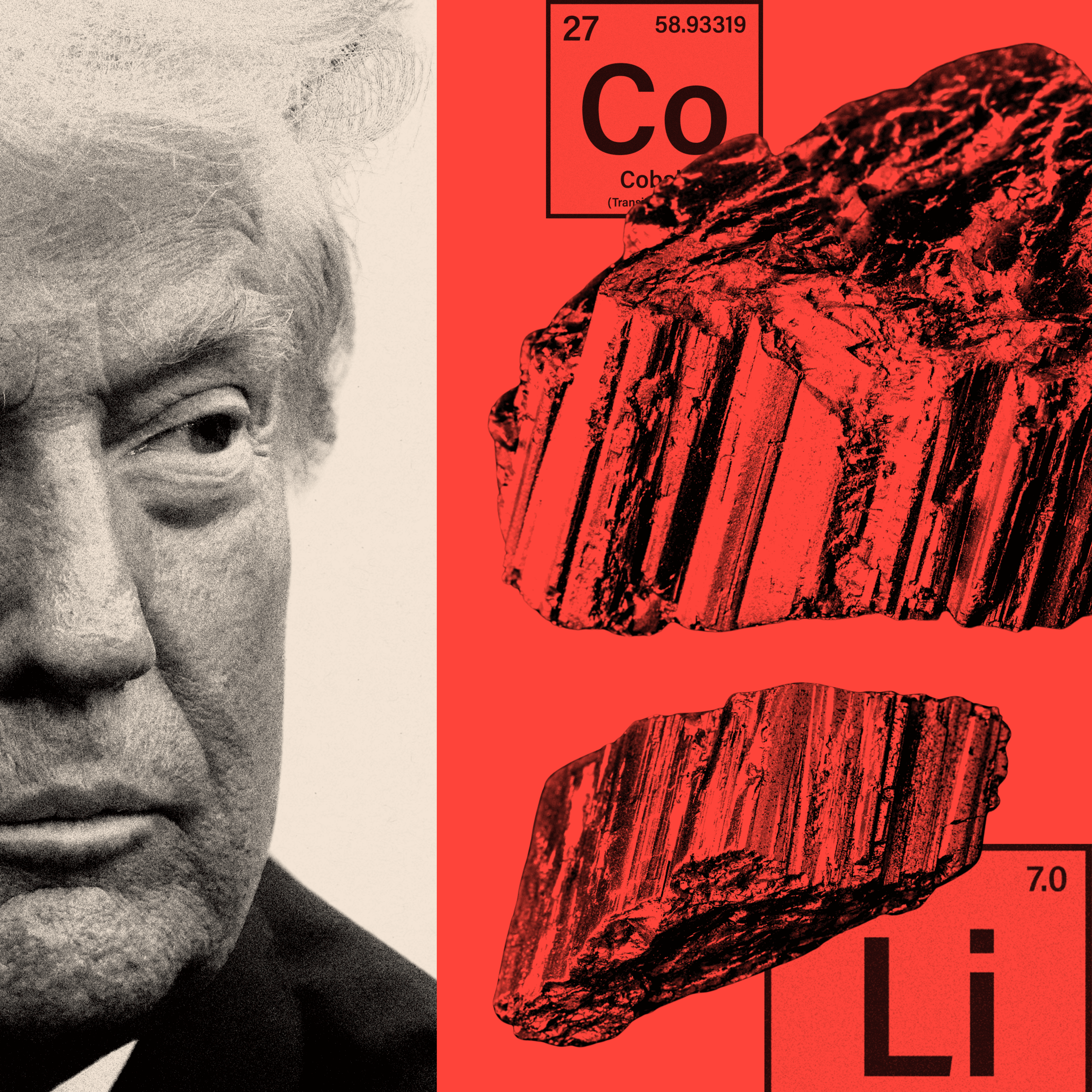 A montage image showing a black and white headshot of Trump on the left, and a red treated image of chemical symbols for Cobalt and Lithium