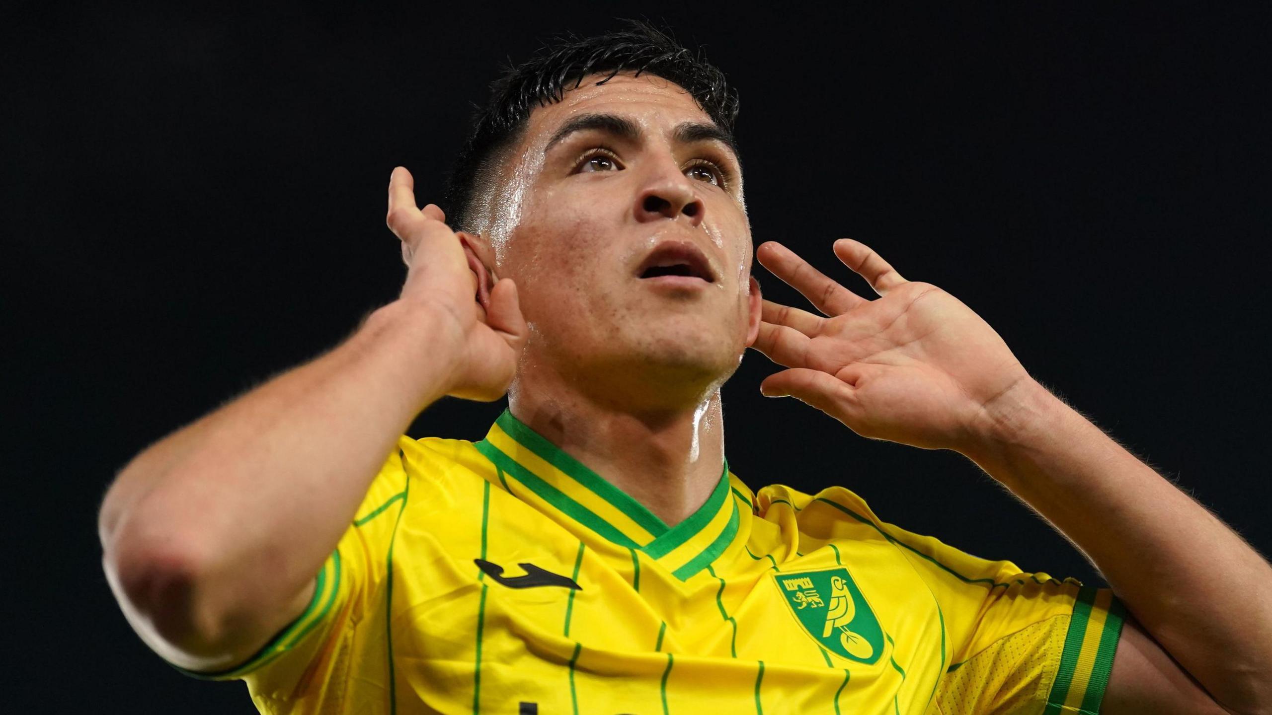 Marcelino Nunez cups his ears while wearing a yellow and green Norwich City top at night.