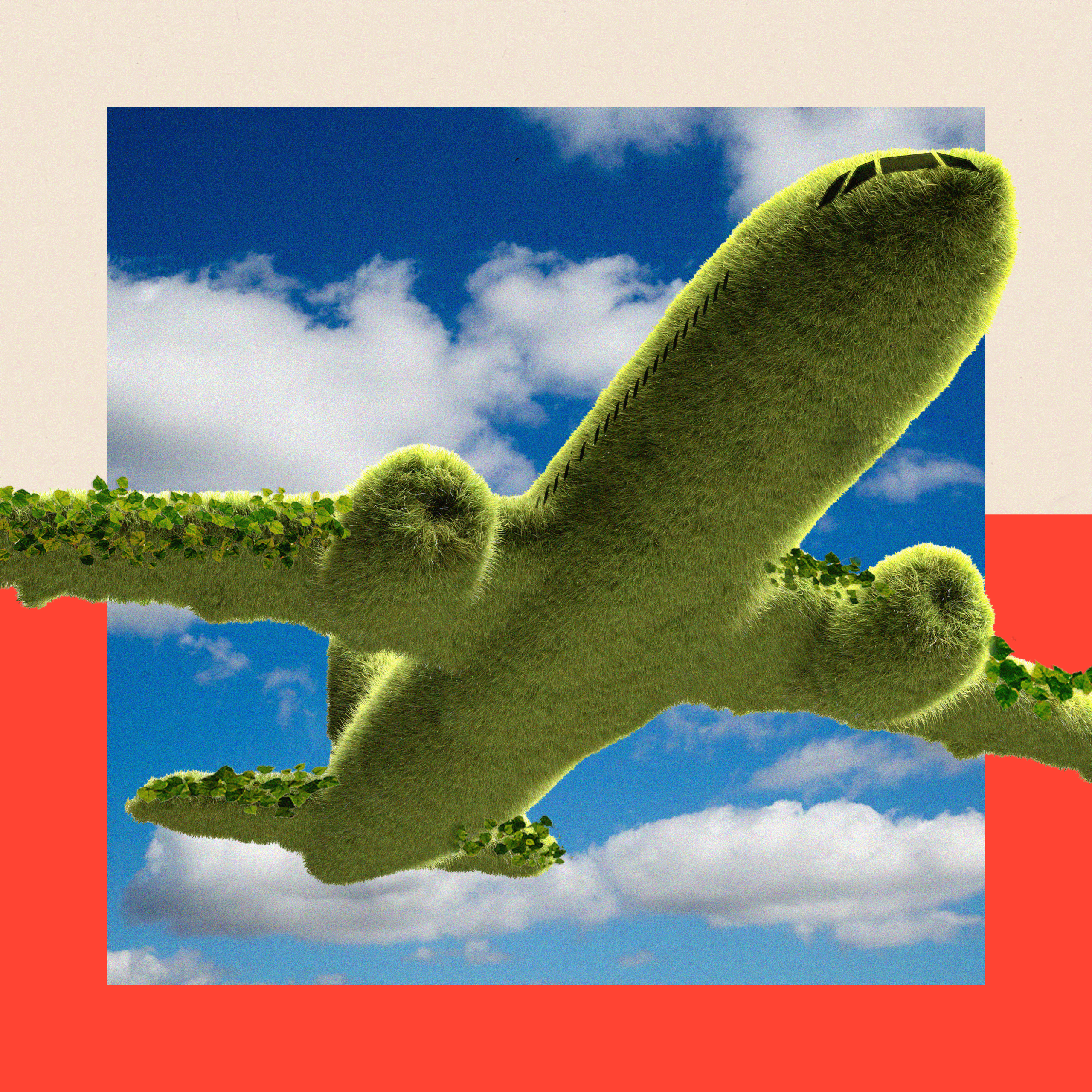 A treated image of an aeroplane soaring through a sky filled with fluffy clouds. The aircraft's underbelly is visible and the entire plane is covered in green moss. Green vines wrap around the wings and curl around the engines as well.