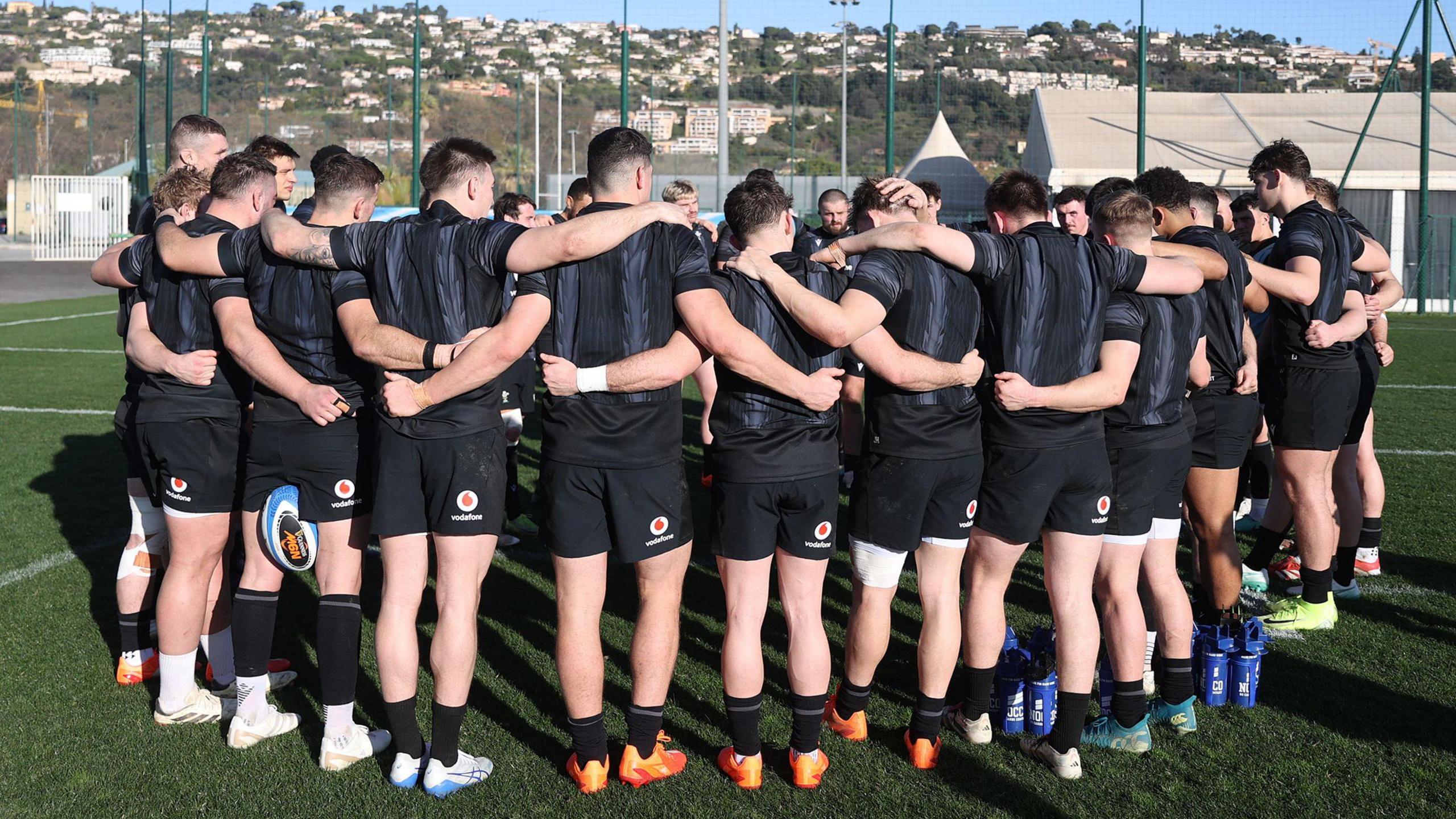 Wales squad in a huddle at training in Nice