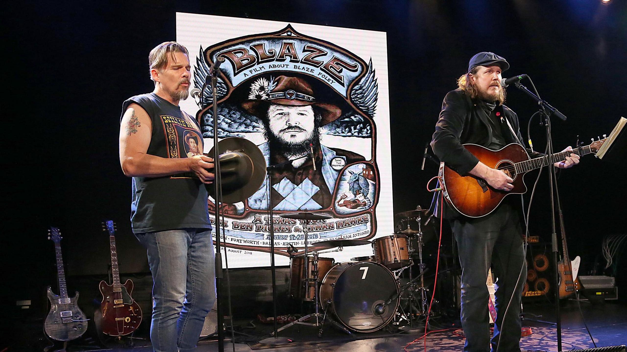 Ethan Hawke (left) and Ben Dickey performing at the afterparty for the screening of the biopic Blaze, in Austin, Texas in 2018