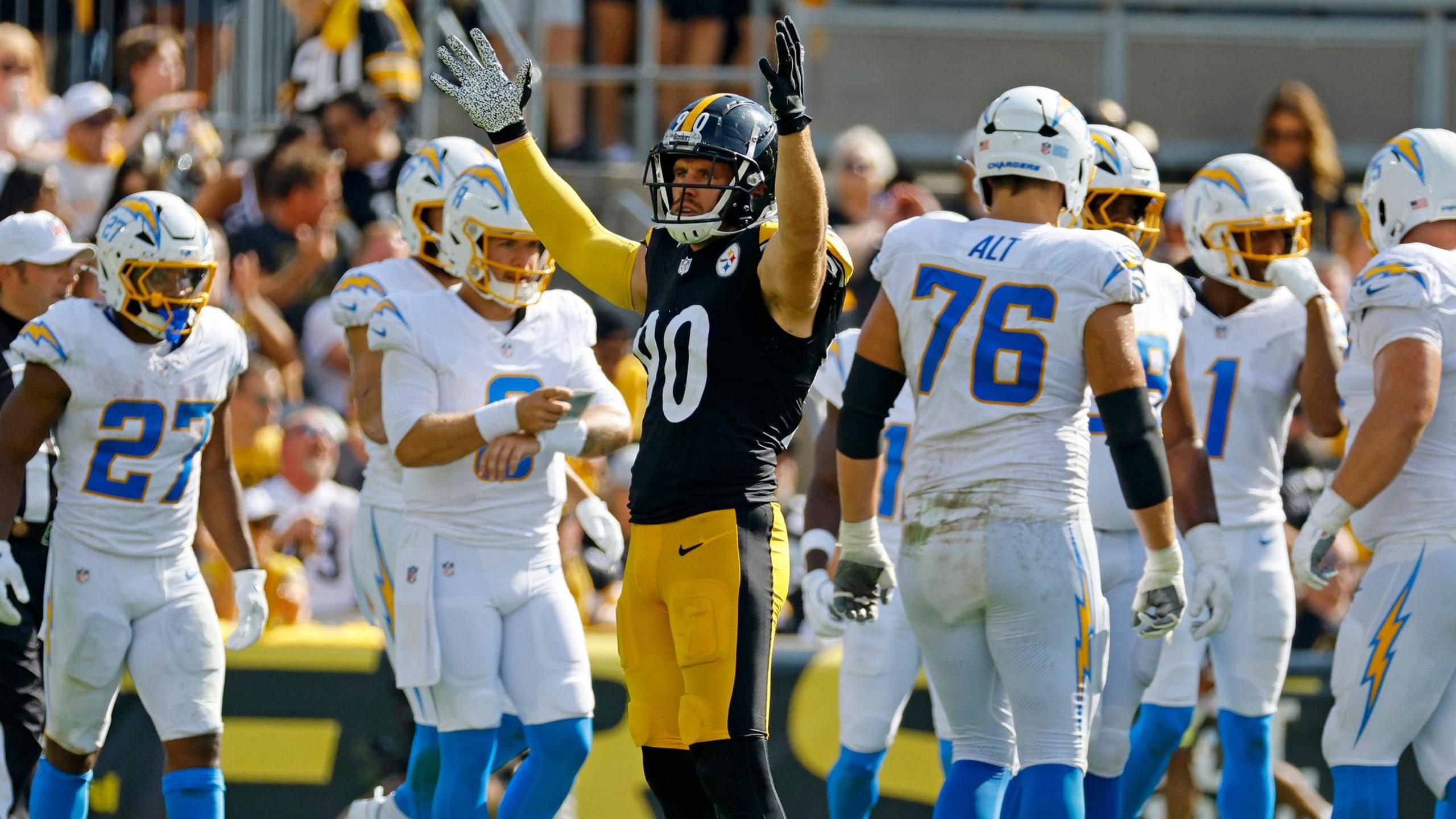 Pittsburgh Steelers star TJ Watt celebrates a sack against the Los Angeles Chargers