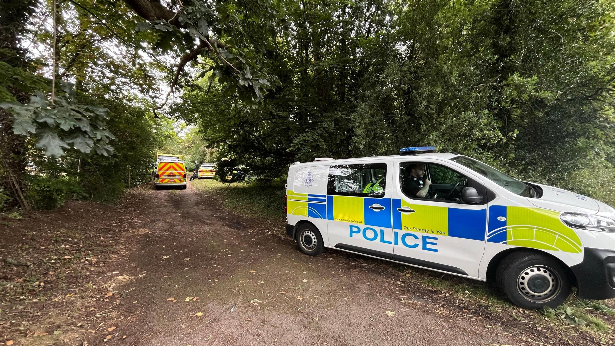 Police vehicles parked on an earthy track in a wooded area.