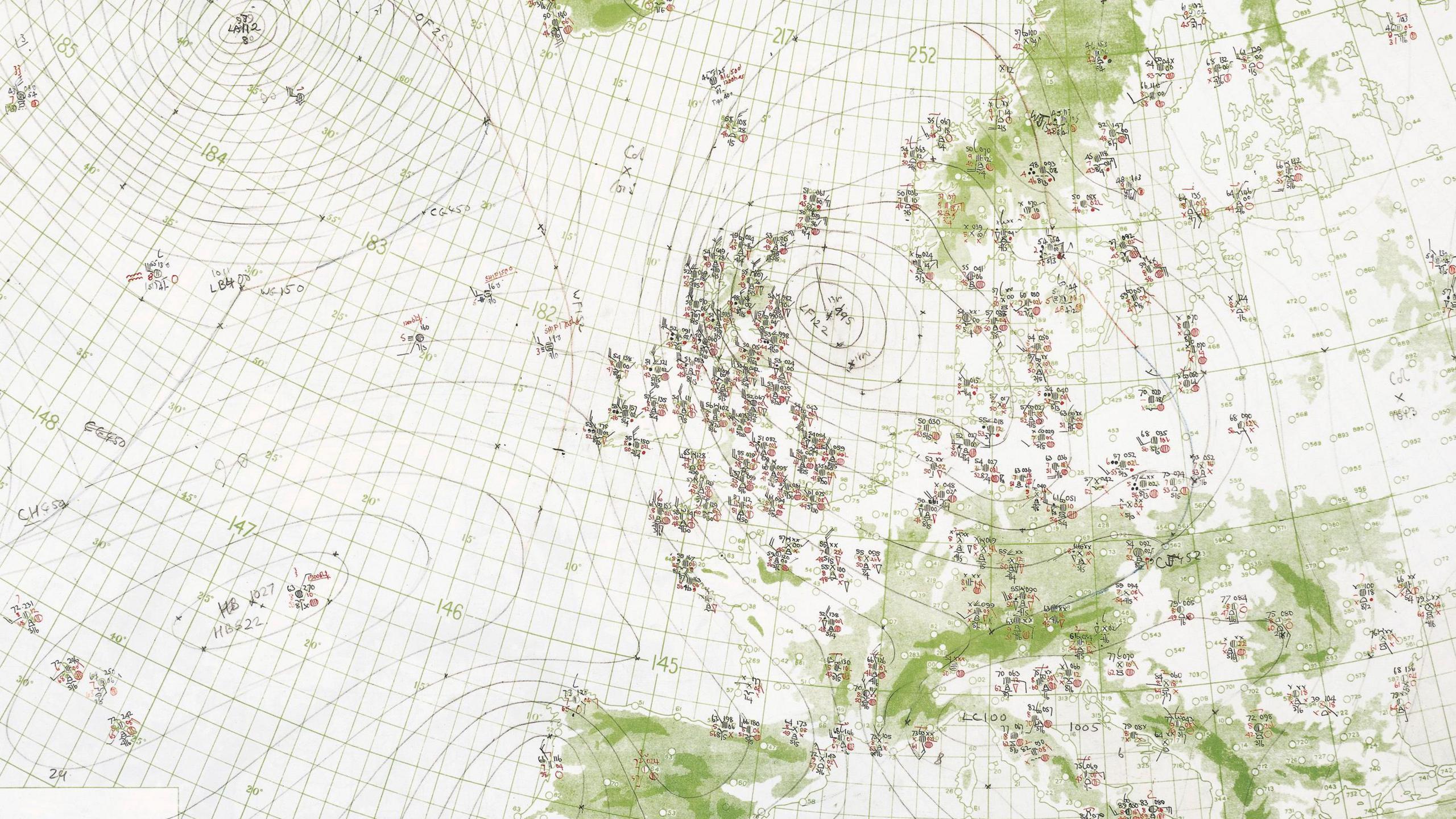 Synoptic weather chart with hand-drawn weather observations across the UK, the Atlantic and mainland Europe.  Area of low pressure to the north east of England and a ridge of high pressure shown in the Atlantic.