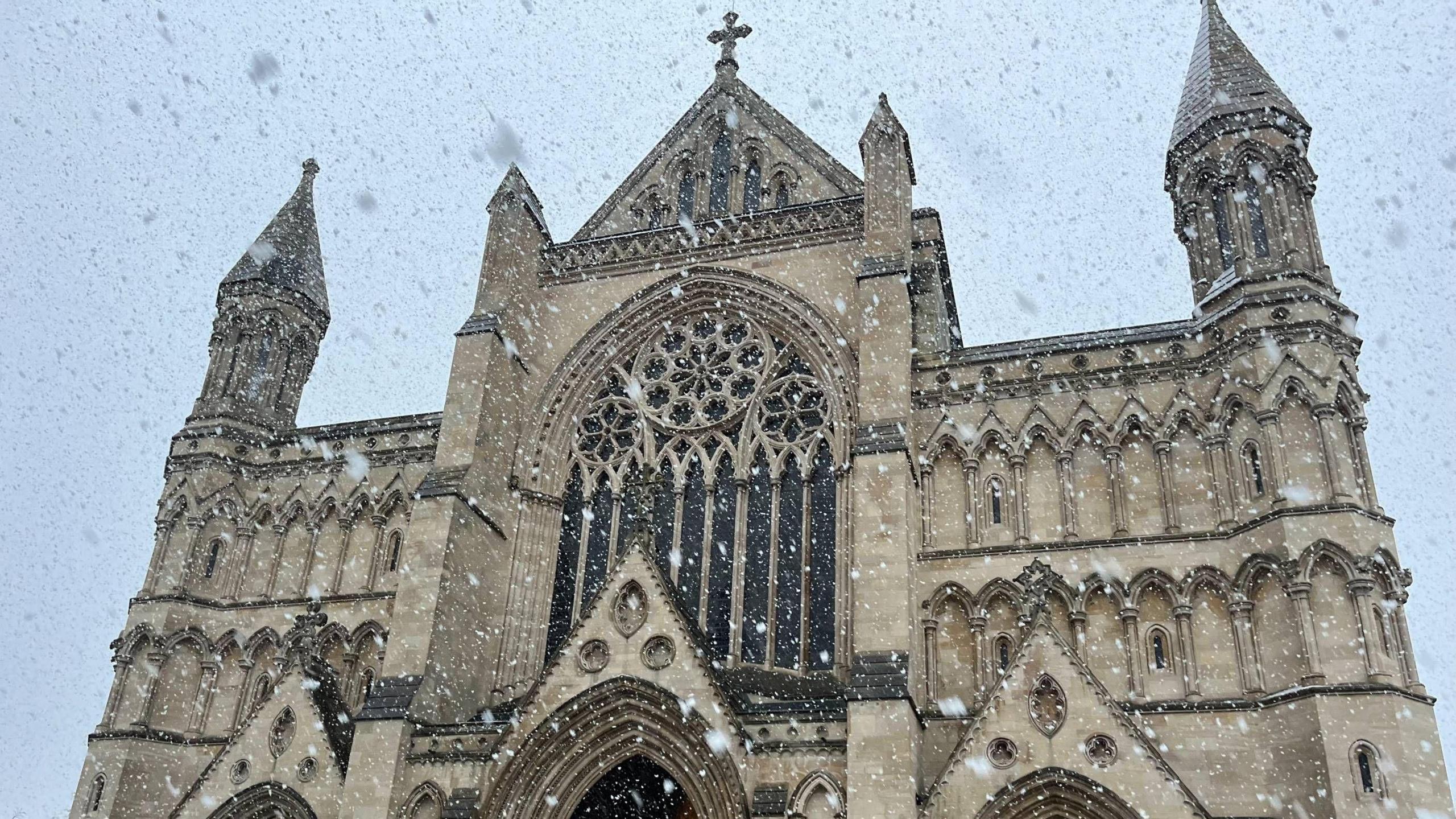 St Albans Cathedral took on a dramatic apperance during Tuesday's snowfall