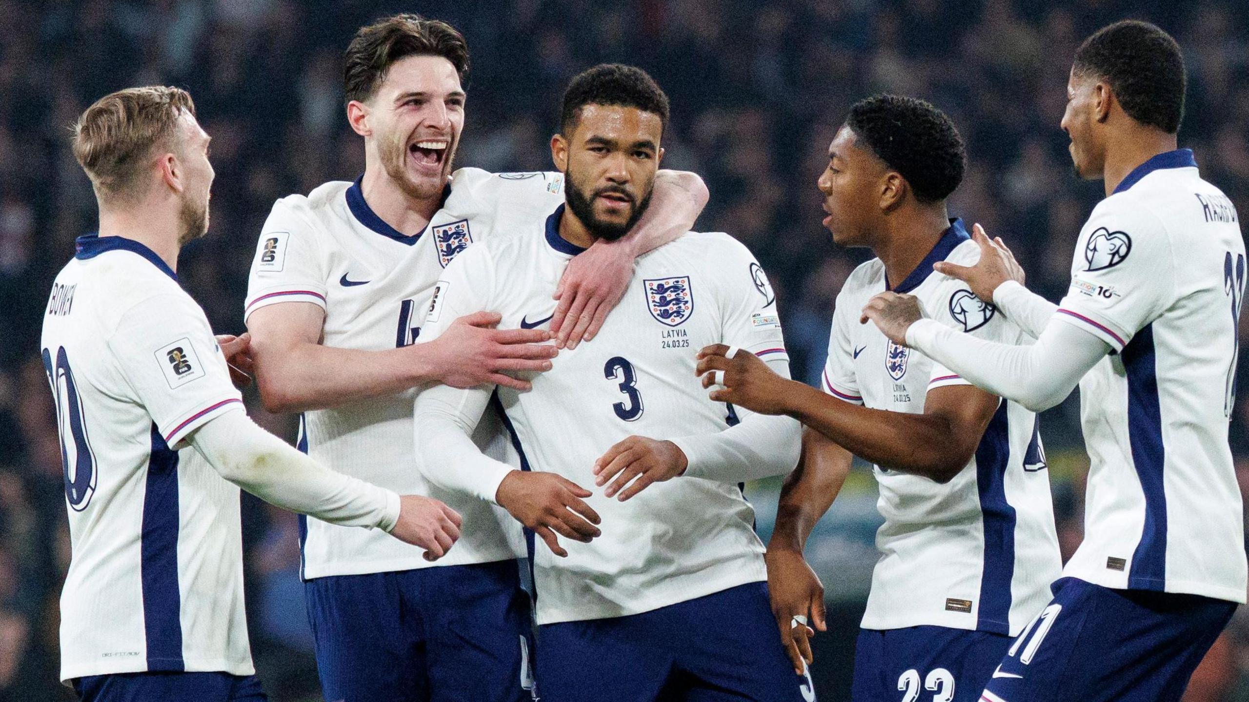 Reece James is congratulated by England team-mates after scoring against Latvia on his first international start since September 2022