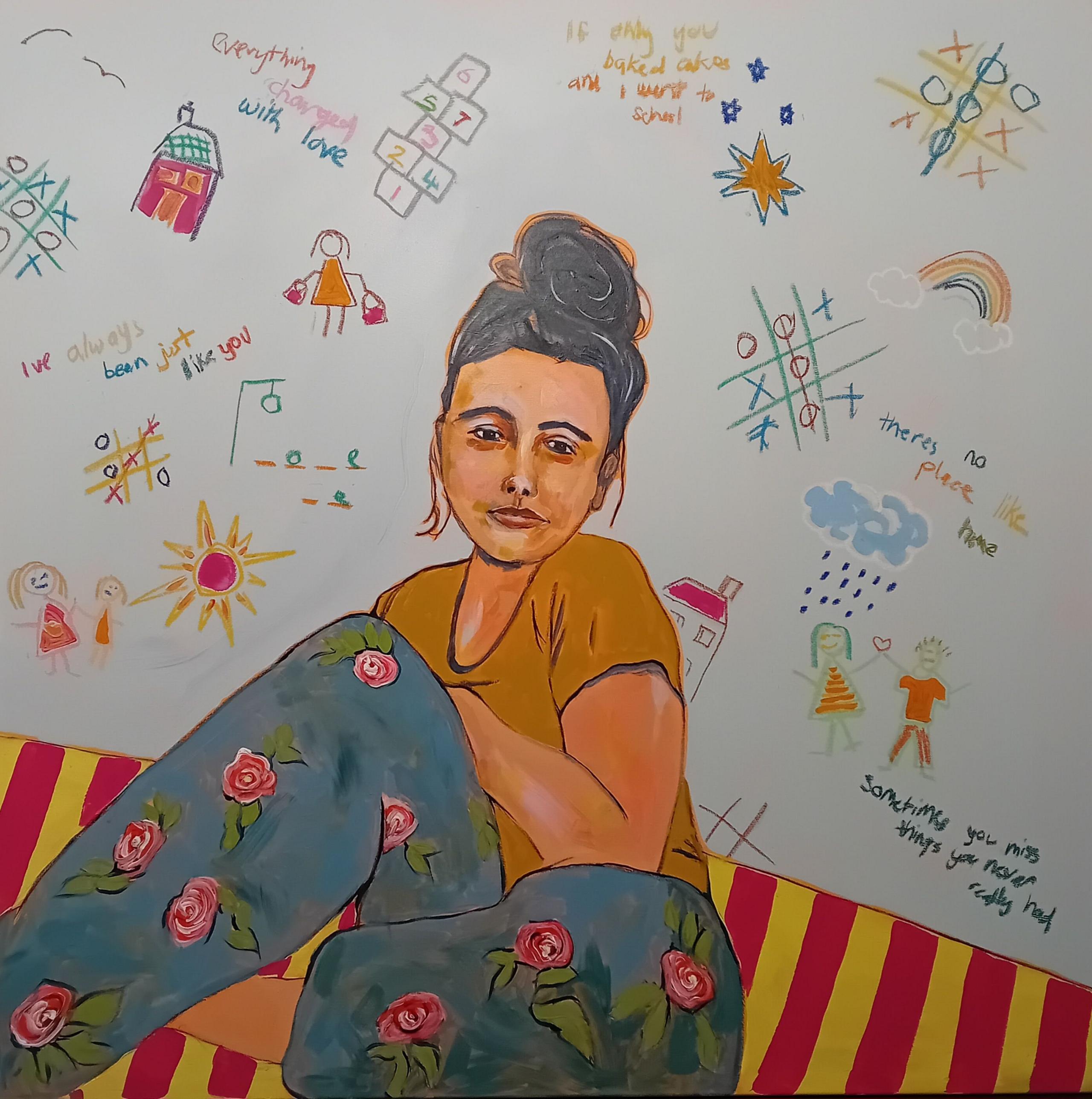 Natalie's painting 'If only you baked cakes and I went to school' shows her as a young person sitting in her childhood bedroom. On the wall behind her are words and drawings of things like a rainbow, a house, noughts and crosses, clouds and rain, and people