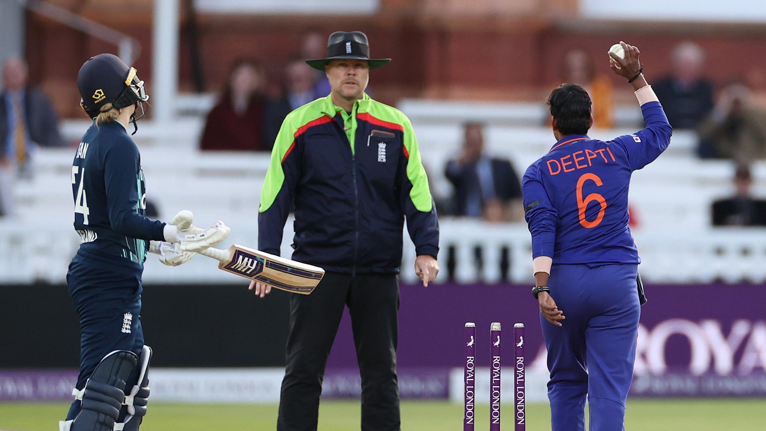 Charlie Dean reacts after being run out backing up by Deepti Sharma at Lord's in 2022