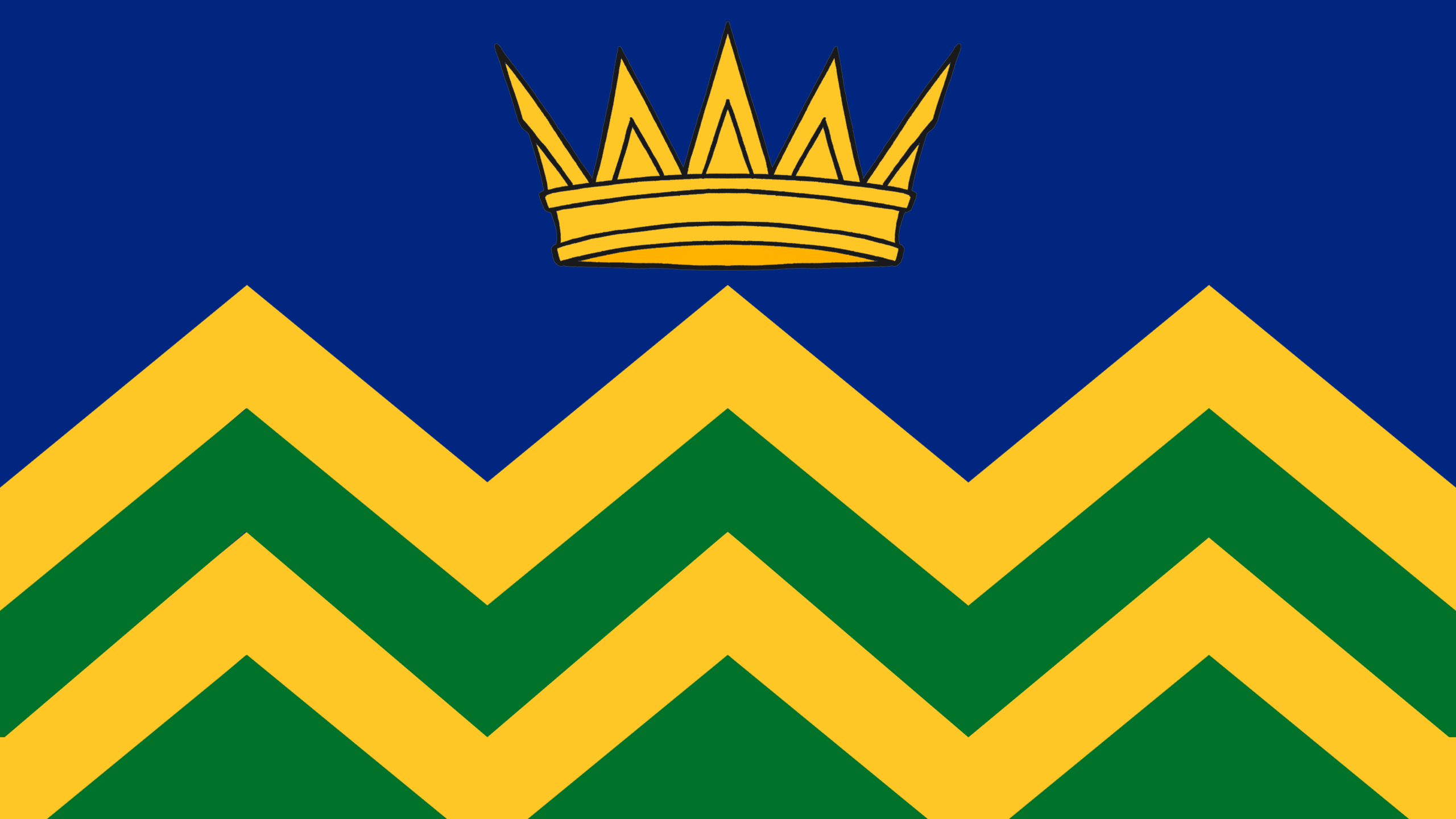 A flag design showing A gold crown, on a blue background above a yellow and green zig-zag pattern.