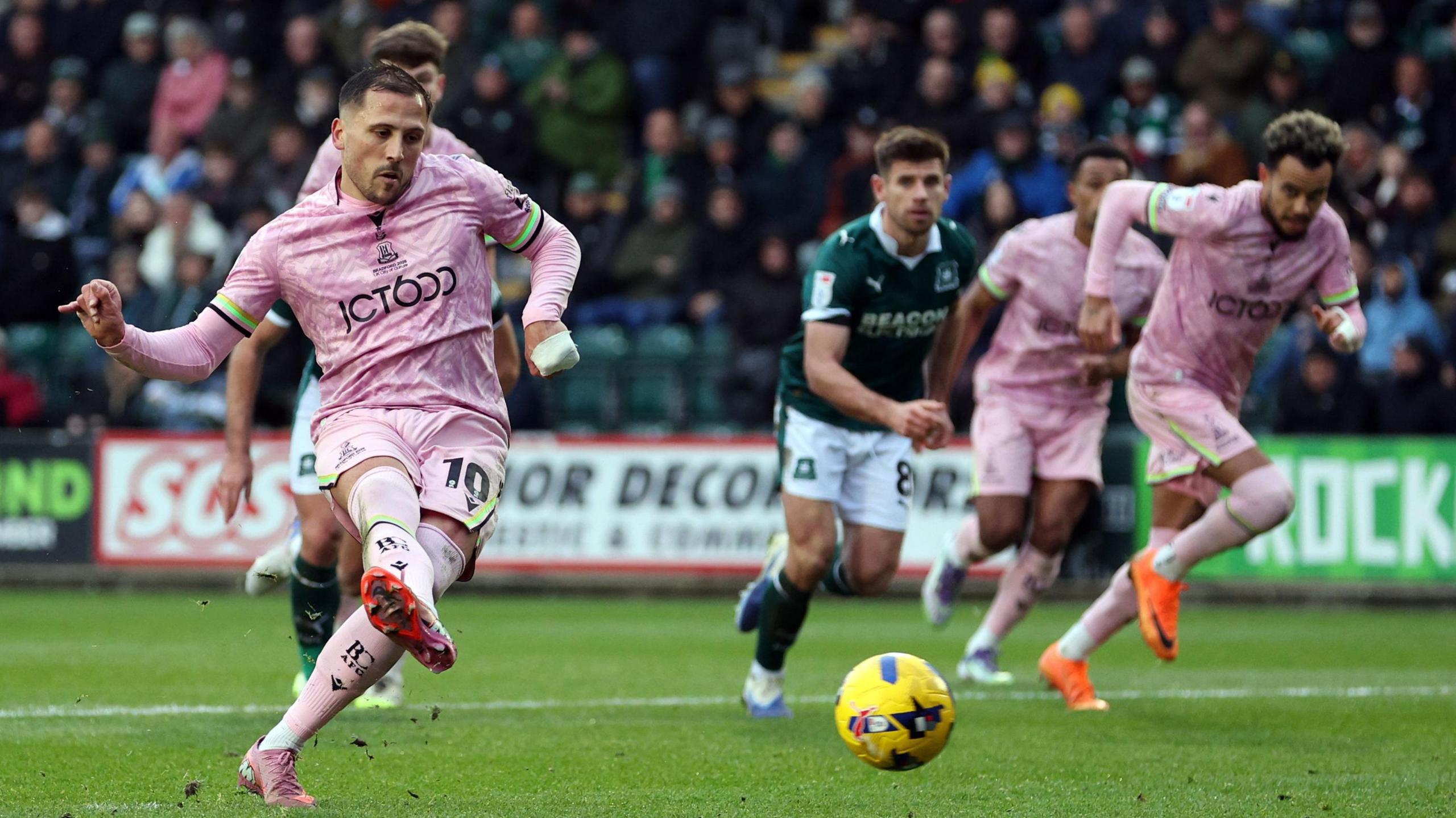 Antoni Sarcevic scores with a sidefoot penalty kick against Plymouth Argyle