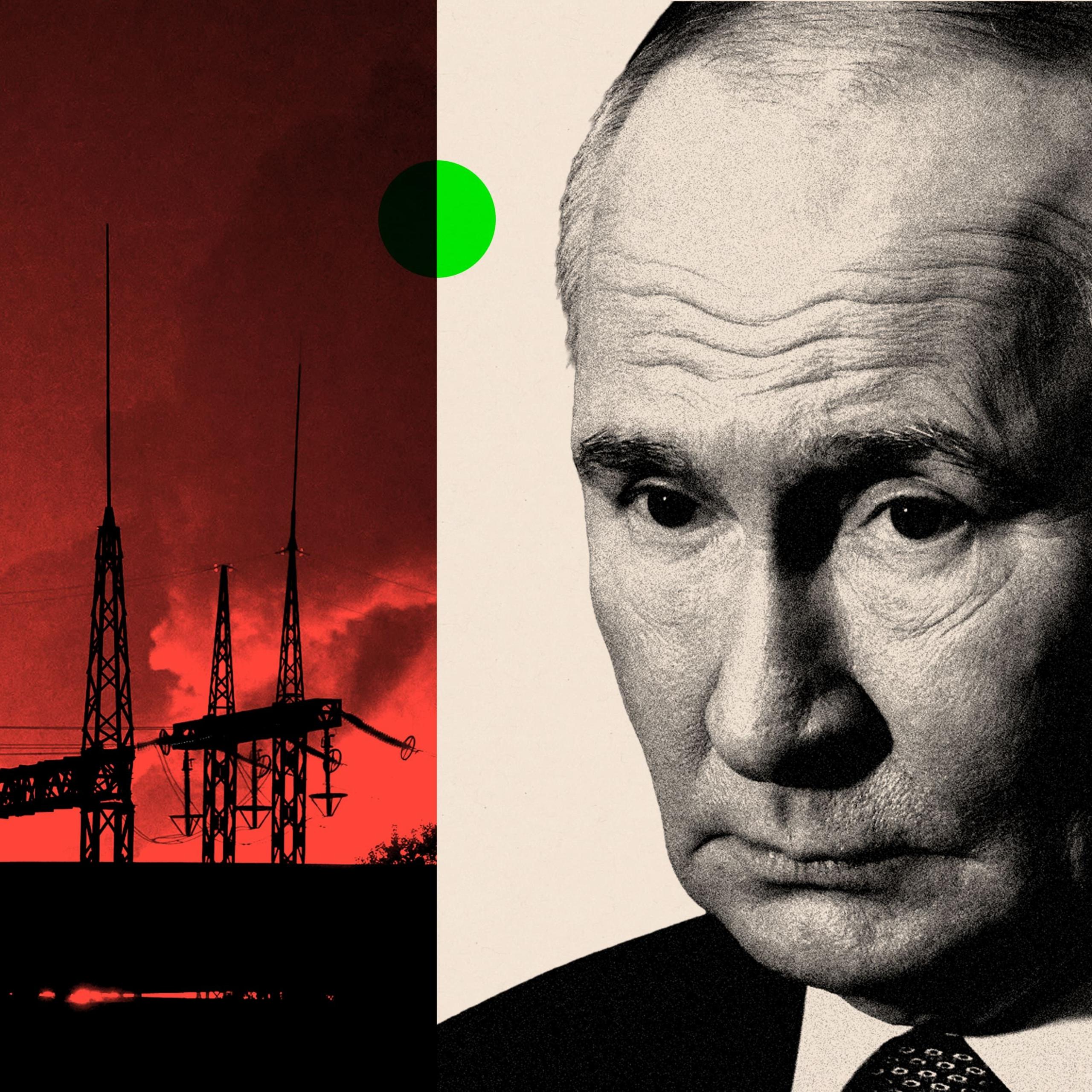A dual image of Russian President Vladimir Putin and flames at a thermal power plant in Ukraine
