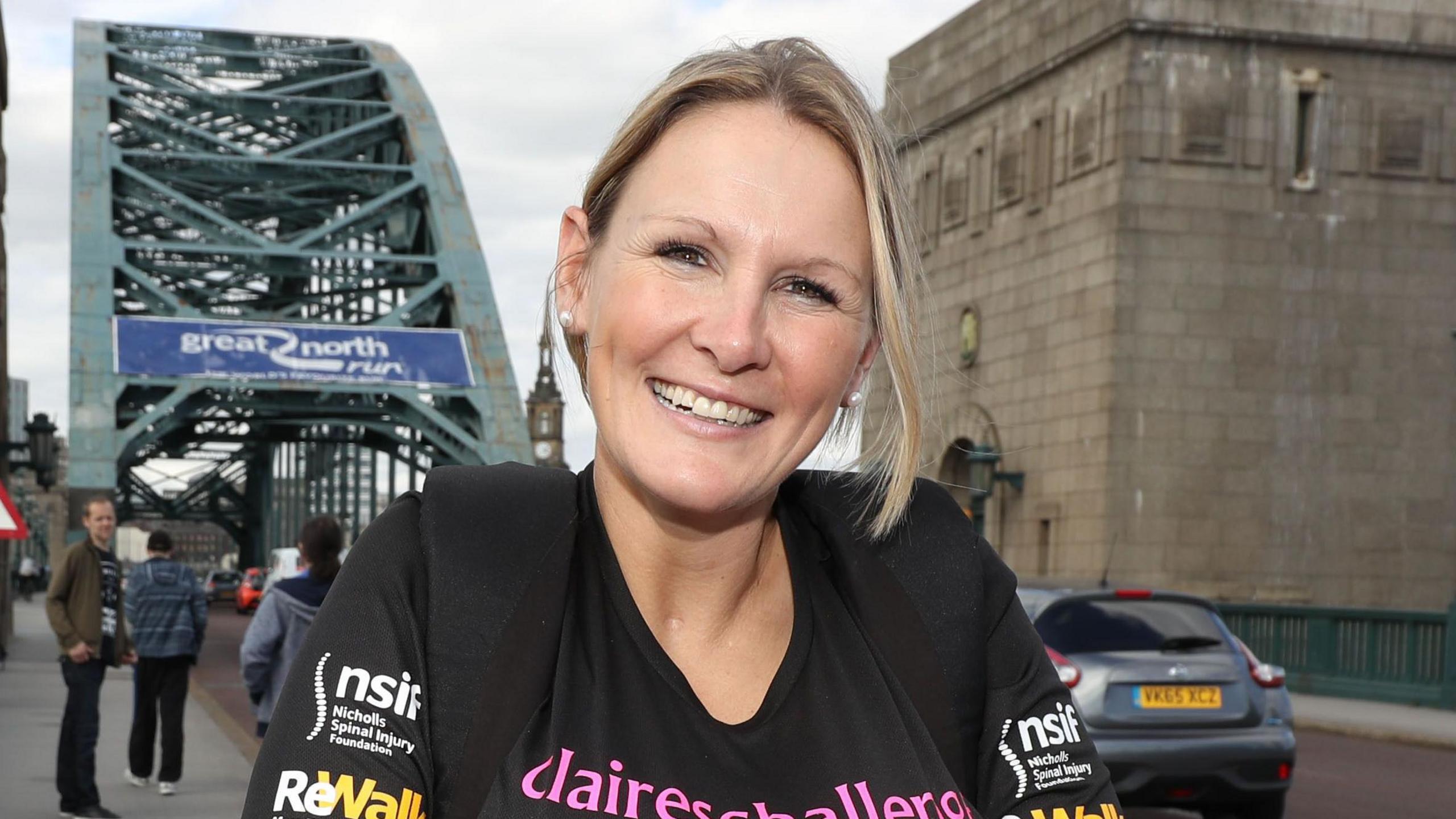 Claire Lomas completing the Great North Run using the ReWalk suit in 2016