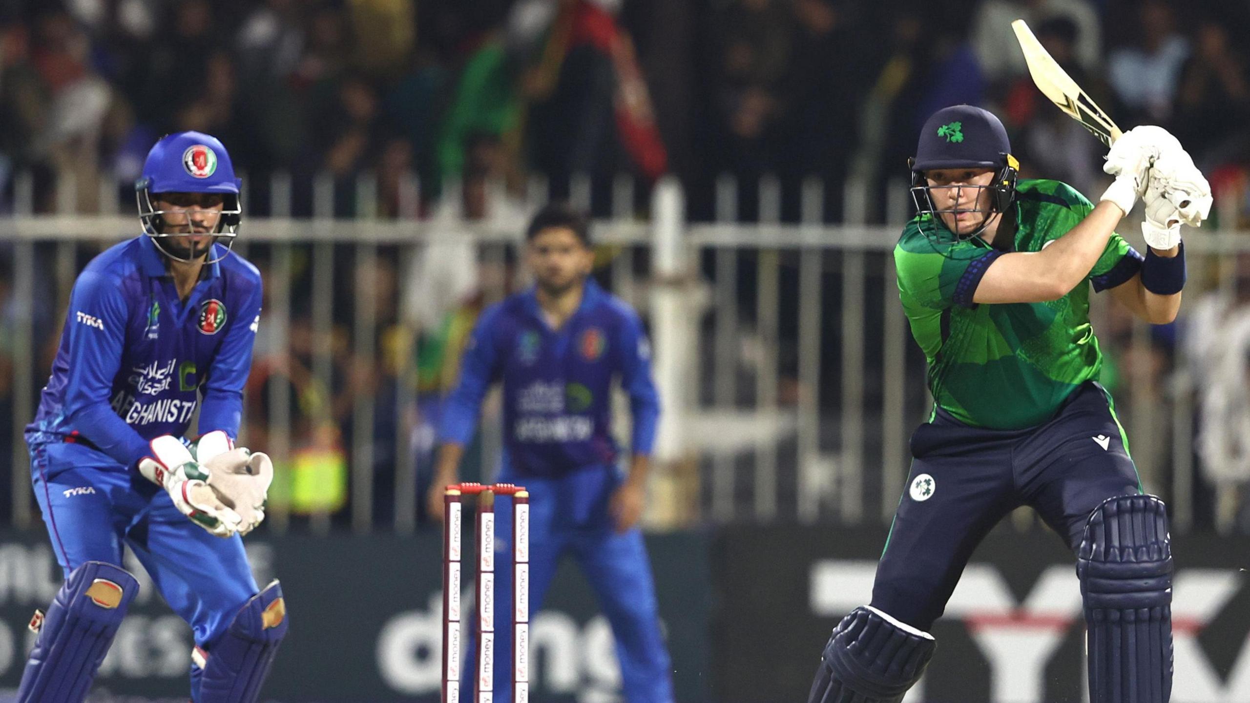 Ireland's Gareth Delany hits out in a Twenty20 international against Afghanistan in 2024