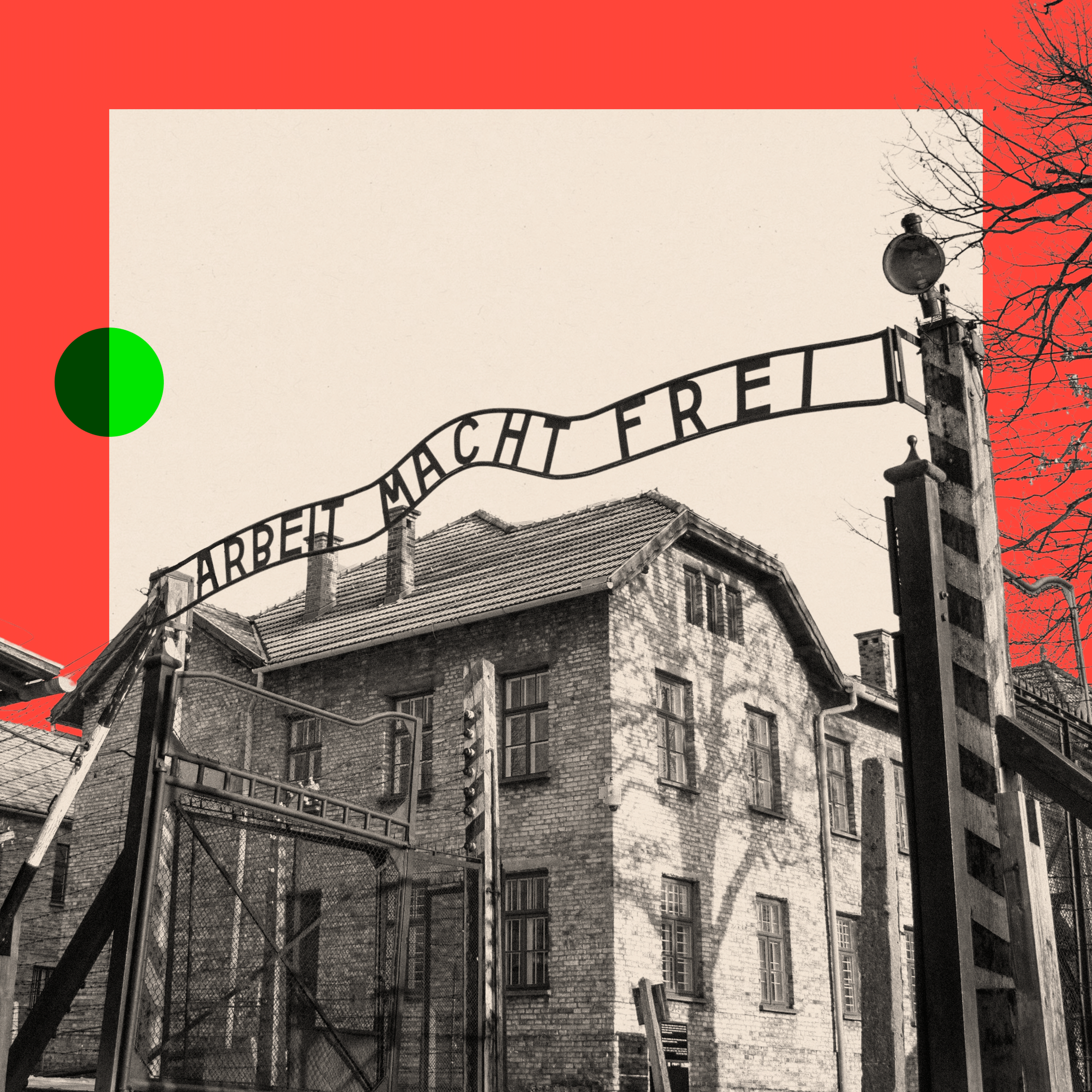 Black and white image of the gates to Auschwitz with the sign: "Arbeit Macht Frei."