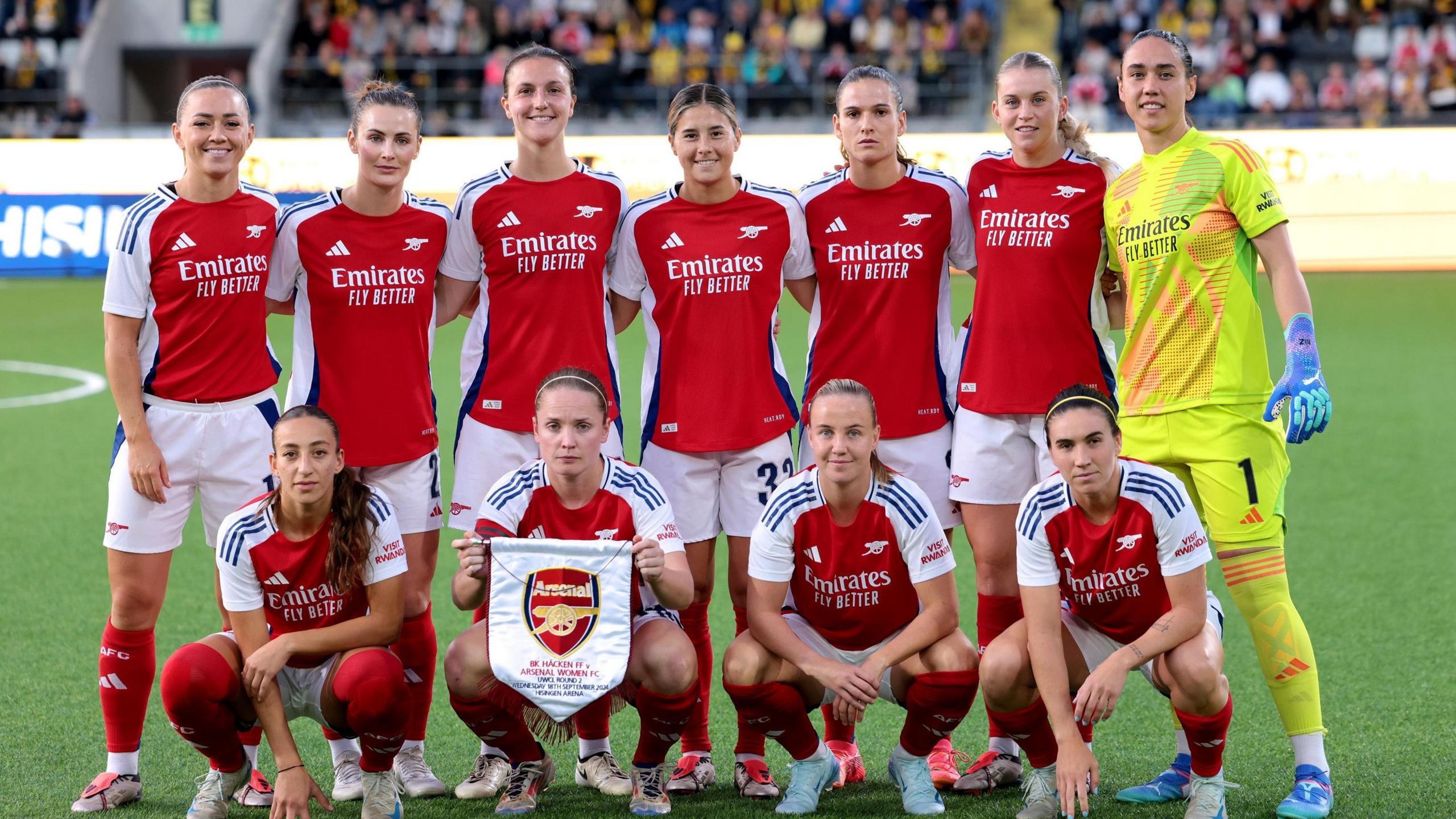 Arsenal players pose before their Women's Champions League qualifier against BK Hacken