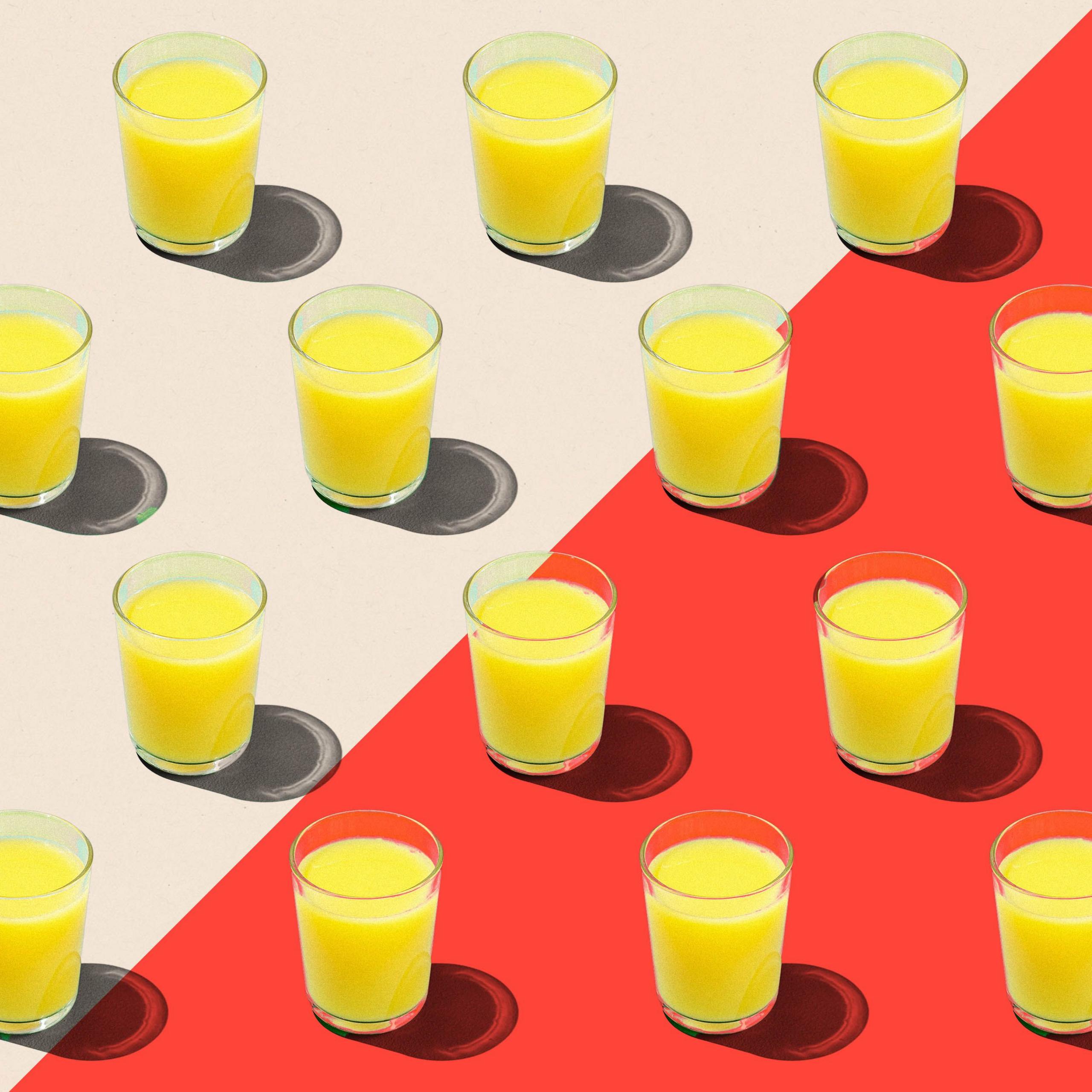 A treated image showing several glasses of orange juice on a colorful background